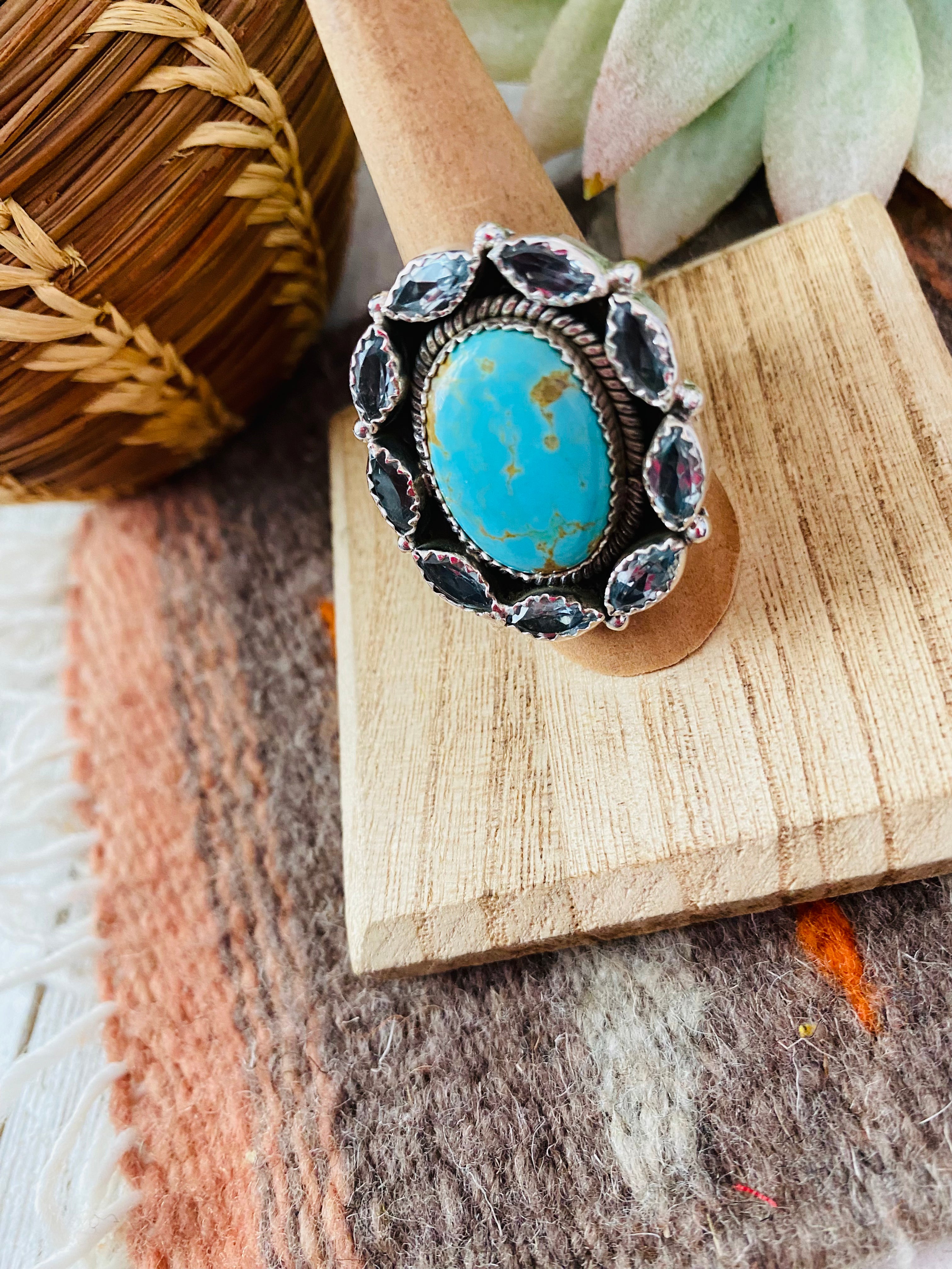 Handmade Sterling Silver, Turquoise & Topaz Cluster Adjustable Ring