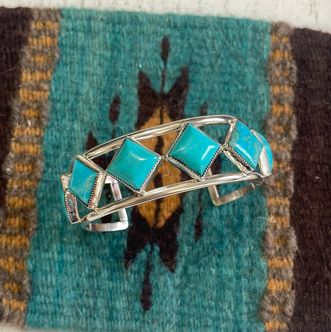 Navajo 6 Stone Turquoise & Sterling Silver Cuff Bracelet Signed