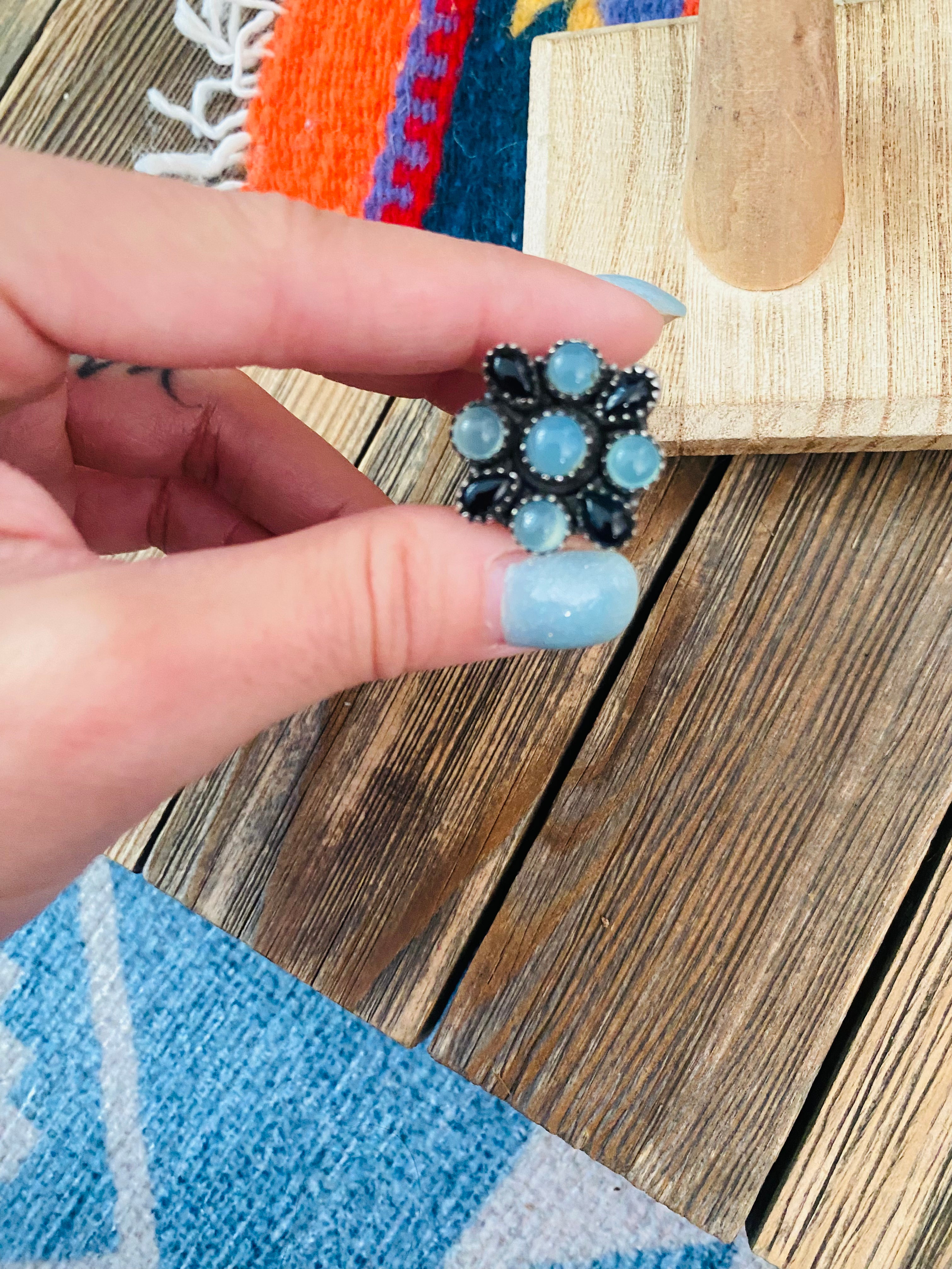 Handmade Sterling Silver, Opalite & Onyx Cluster Adjustable Ring