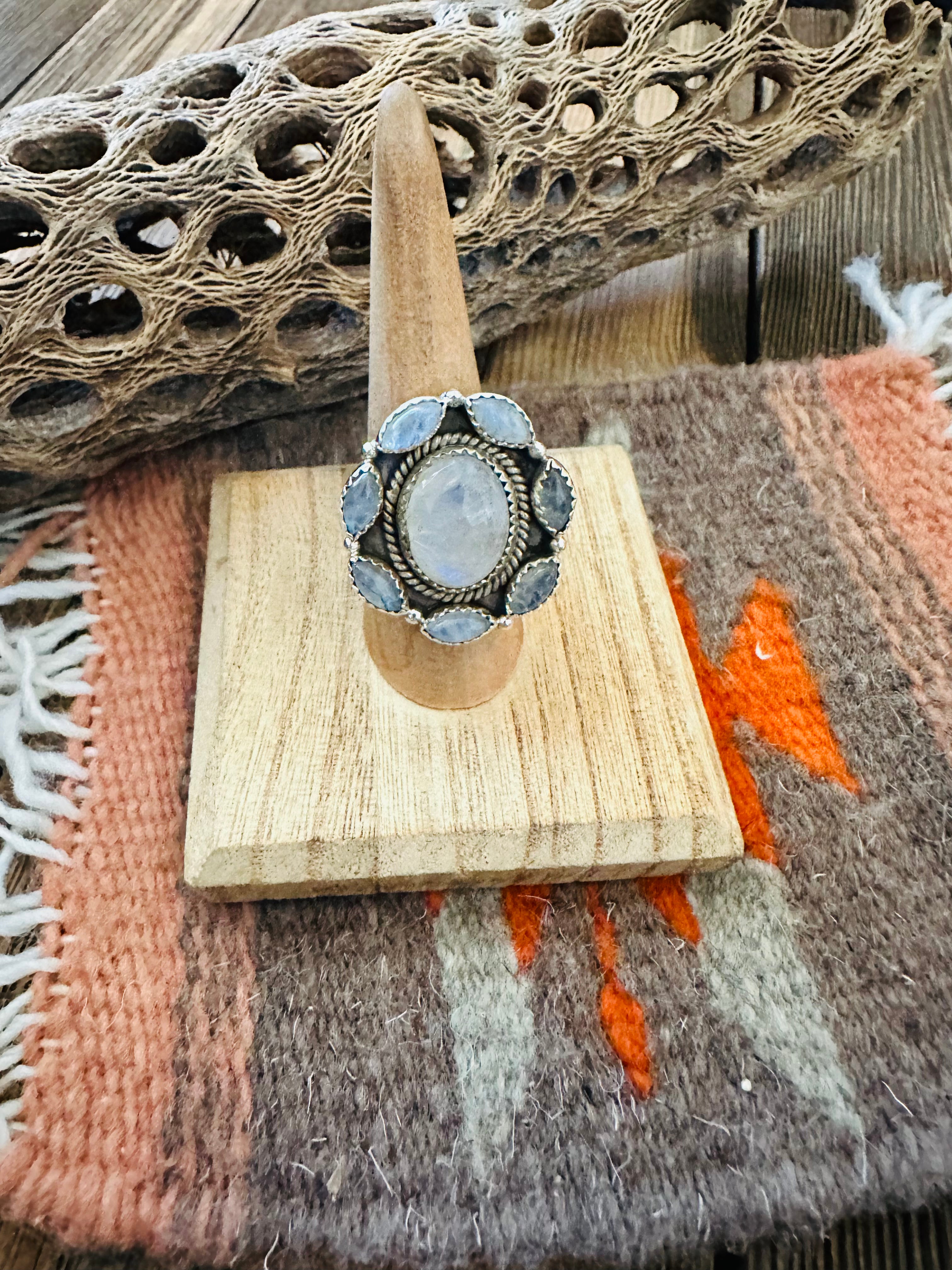 Handmade Sterling Silver & Moon Stone Cluster Adjustable Ring