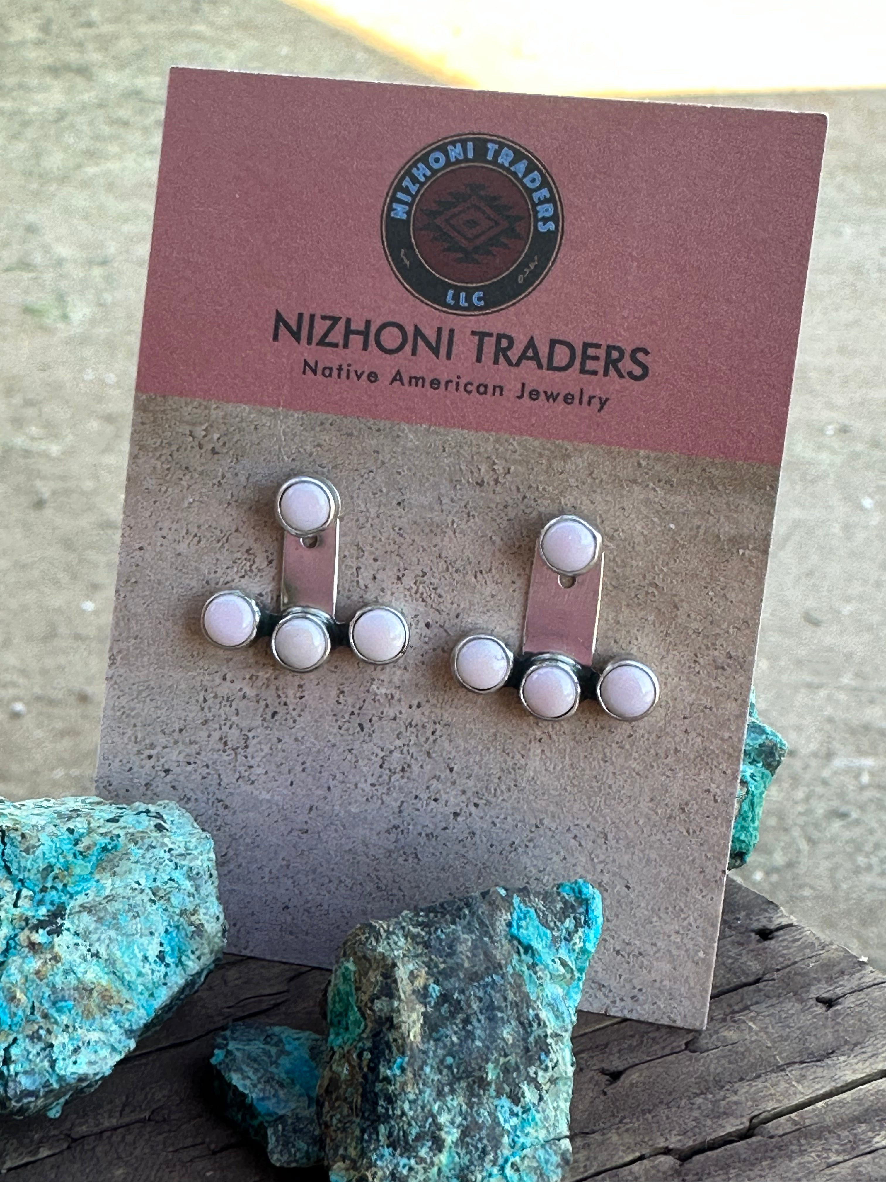 Navajo Sterling Silver &  Pink Conch Ear Jacket Earrings