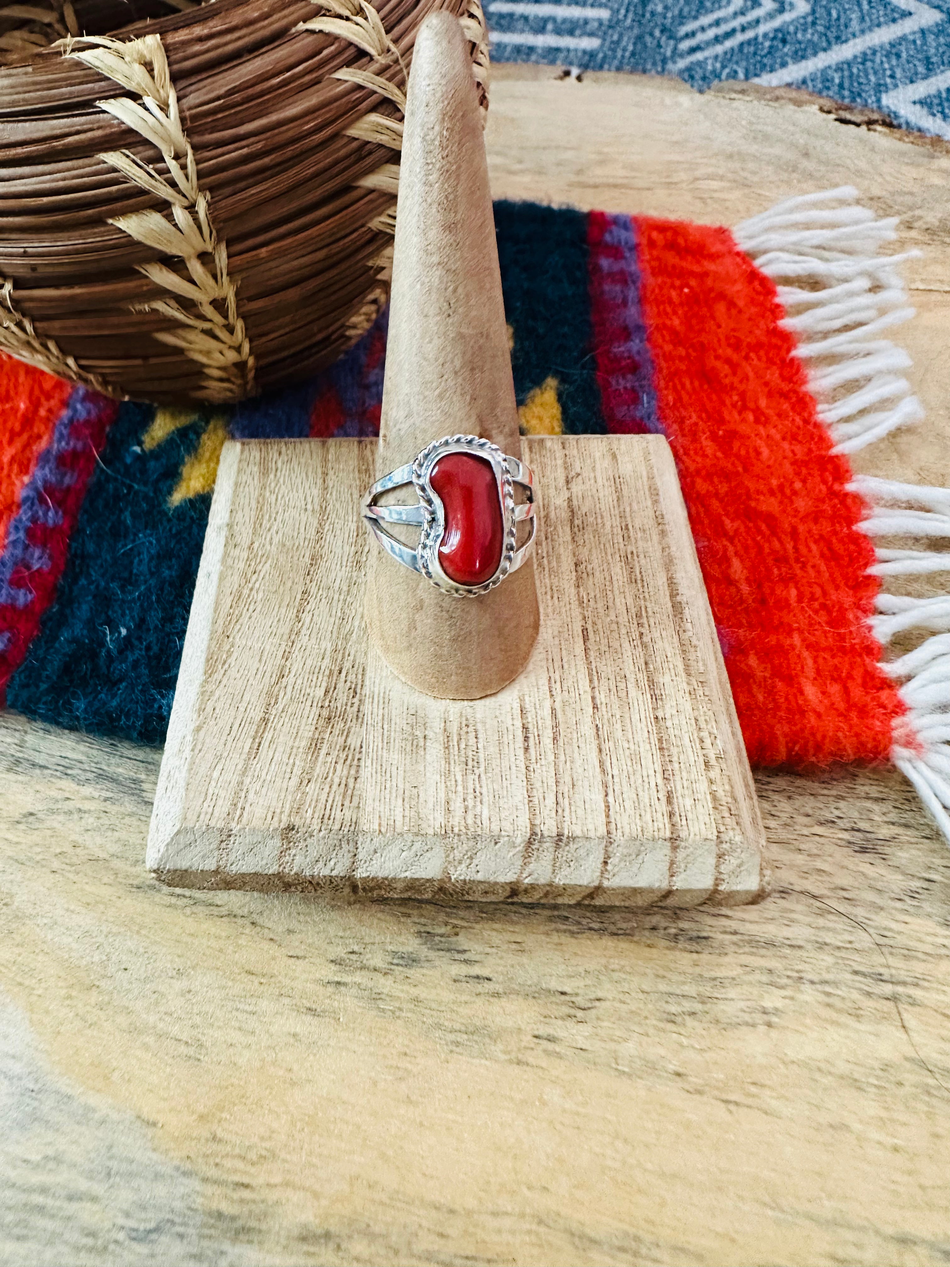 Navajo Red Coral & Sterling Silver Ring