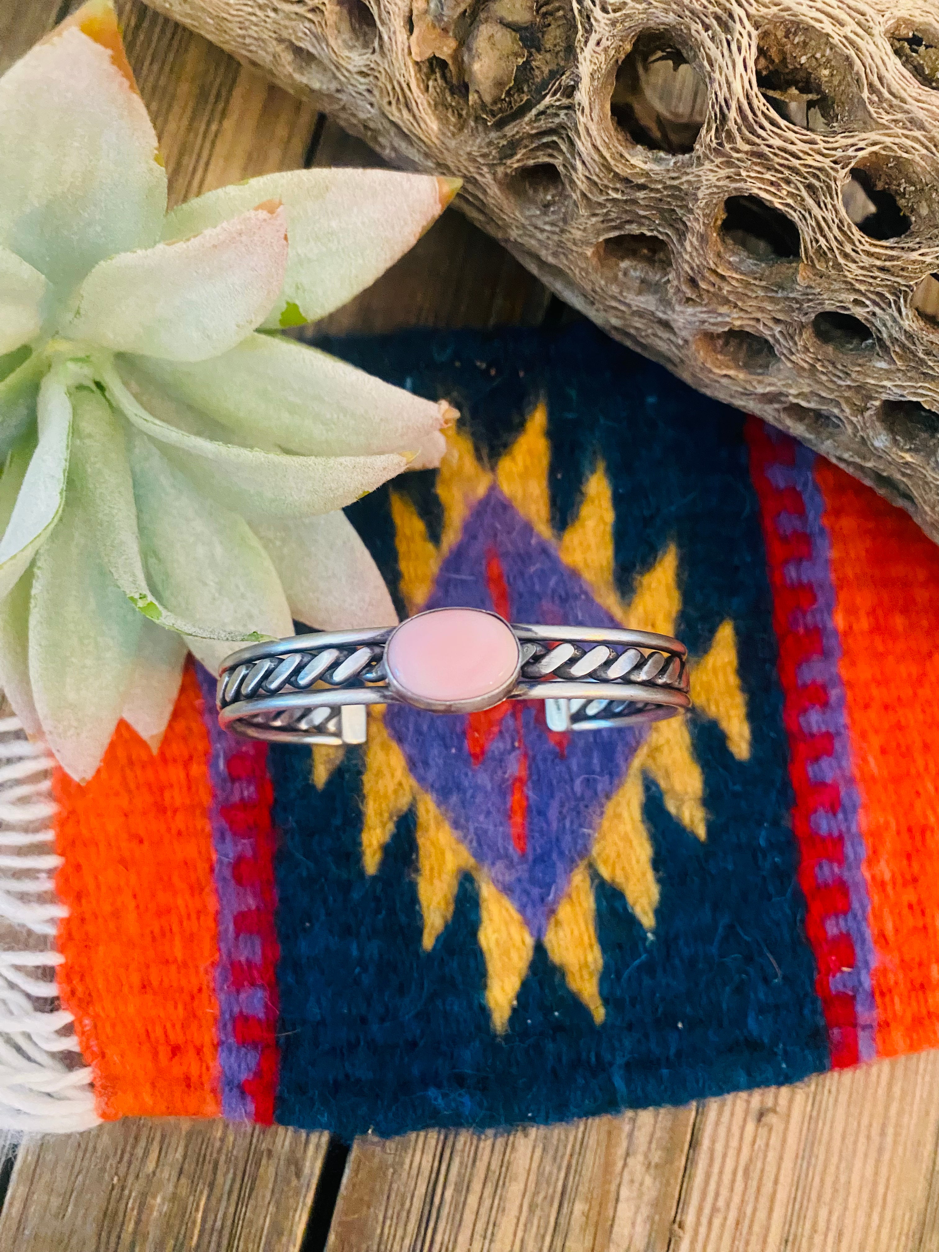 Navajo Queen Pink Conch Shell & Sterling Silver Cuff Bracelet