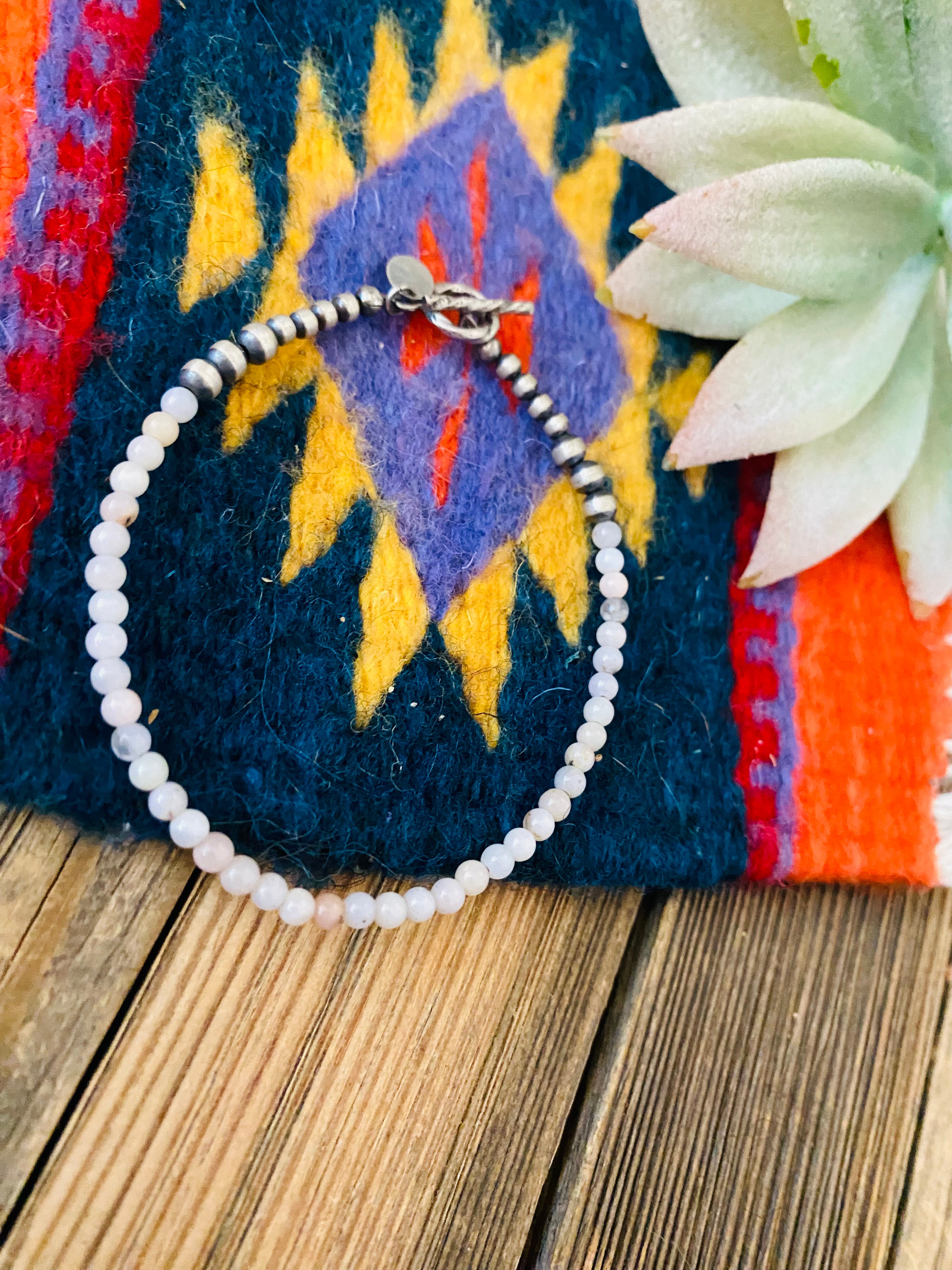 Navajo Queen Pink Conch Shell & Sterling Silver Beaded Bracelet