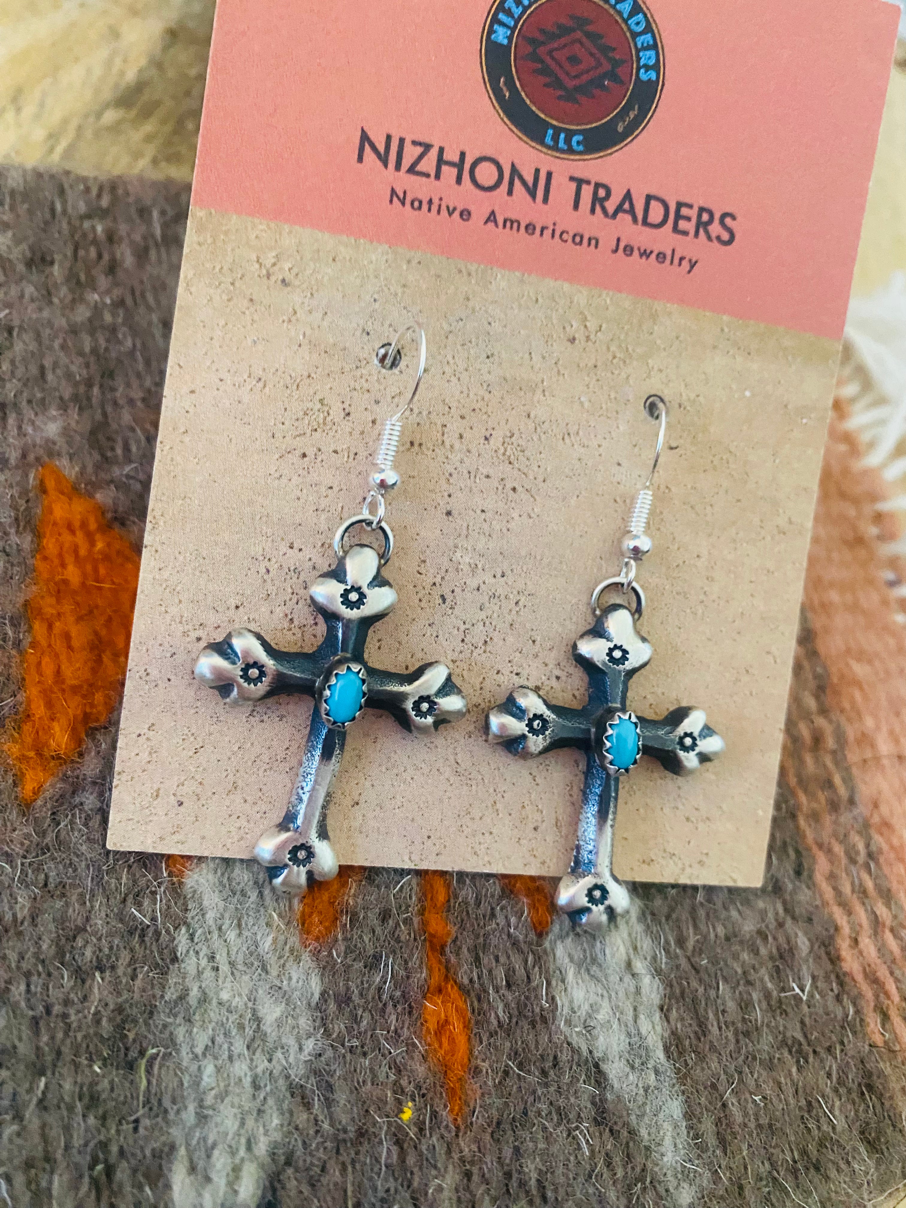 Navajo Sterling Silver & Turquoise Cross Dangle Earrings