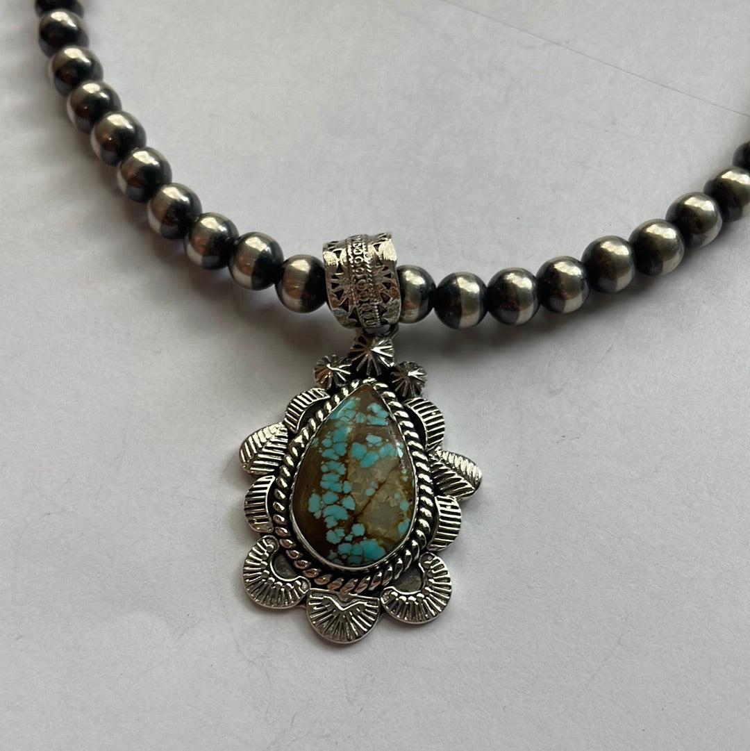 Handmade Sterling Silver & Number 8 Turquoise Pendant Signed Nizhoni