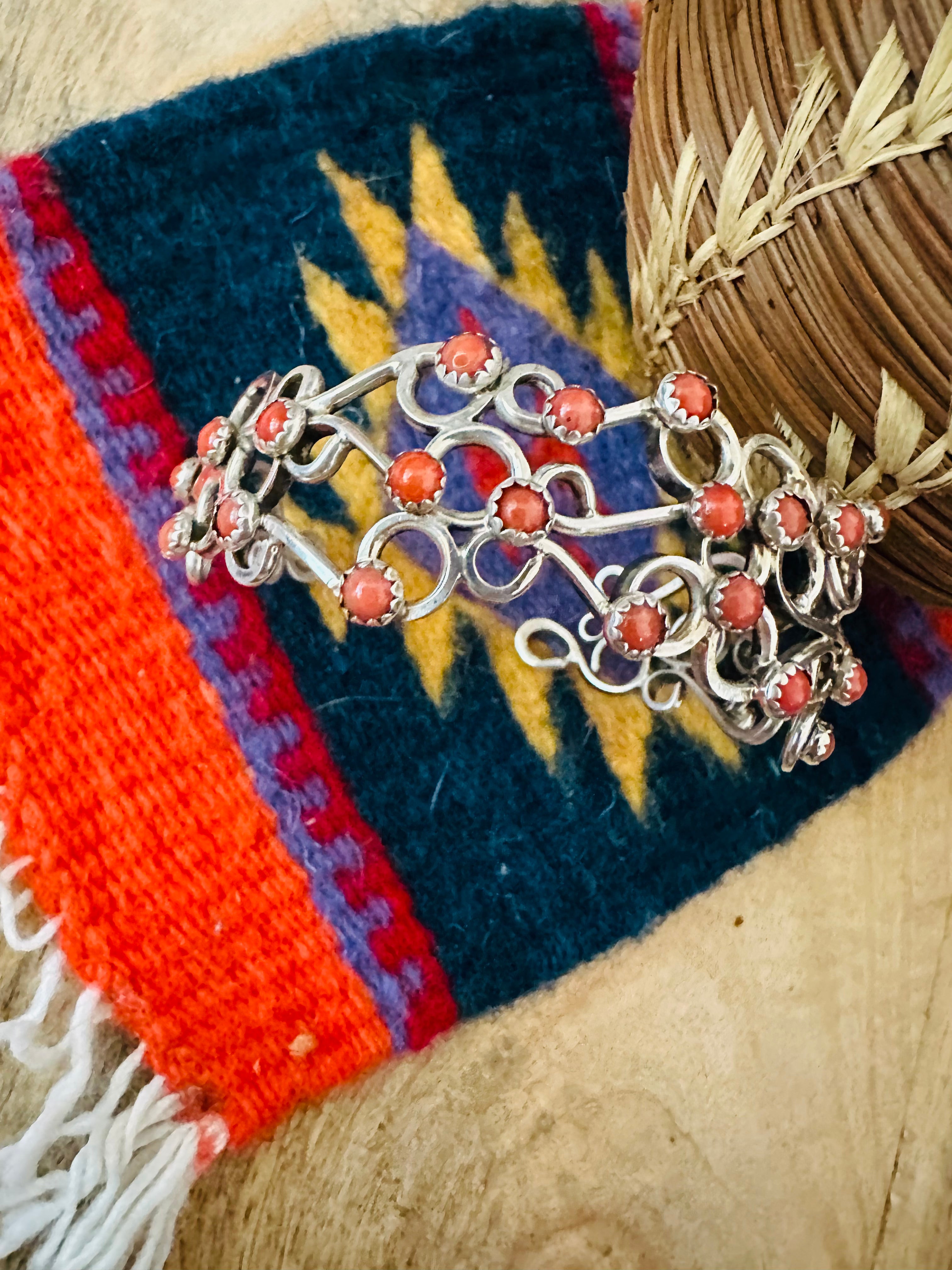 Navajo Coral & Sterling Silver Cuff Bracelet Signed