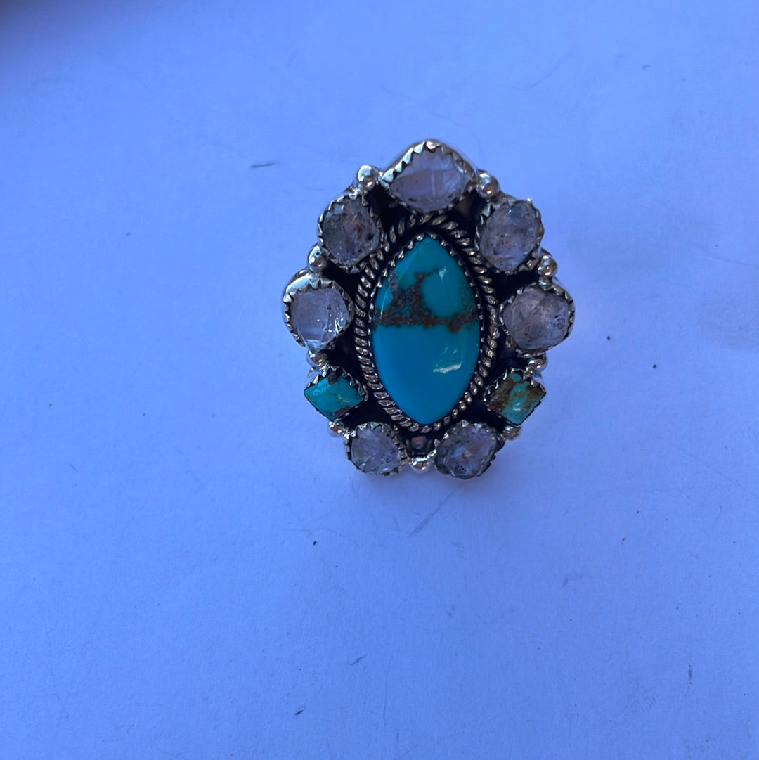 Handmade Sterling Silver, Turquoise & Herkimer Diamond Adjustable Ring