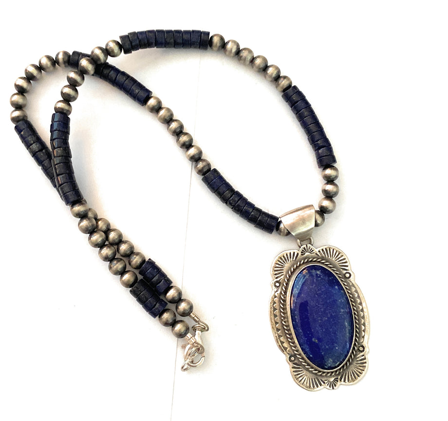 Native American Lapis and Silver Beaded Necklace | Theresa Belone