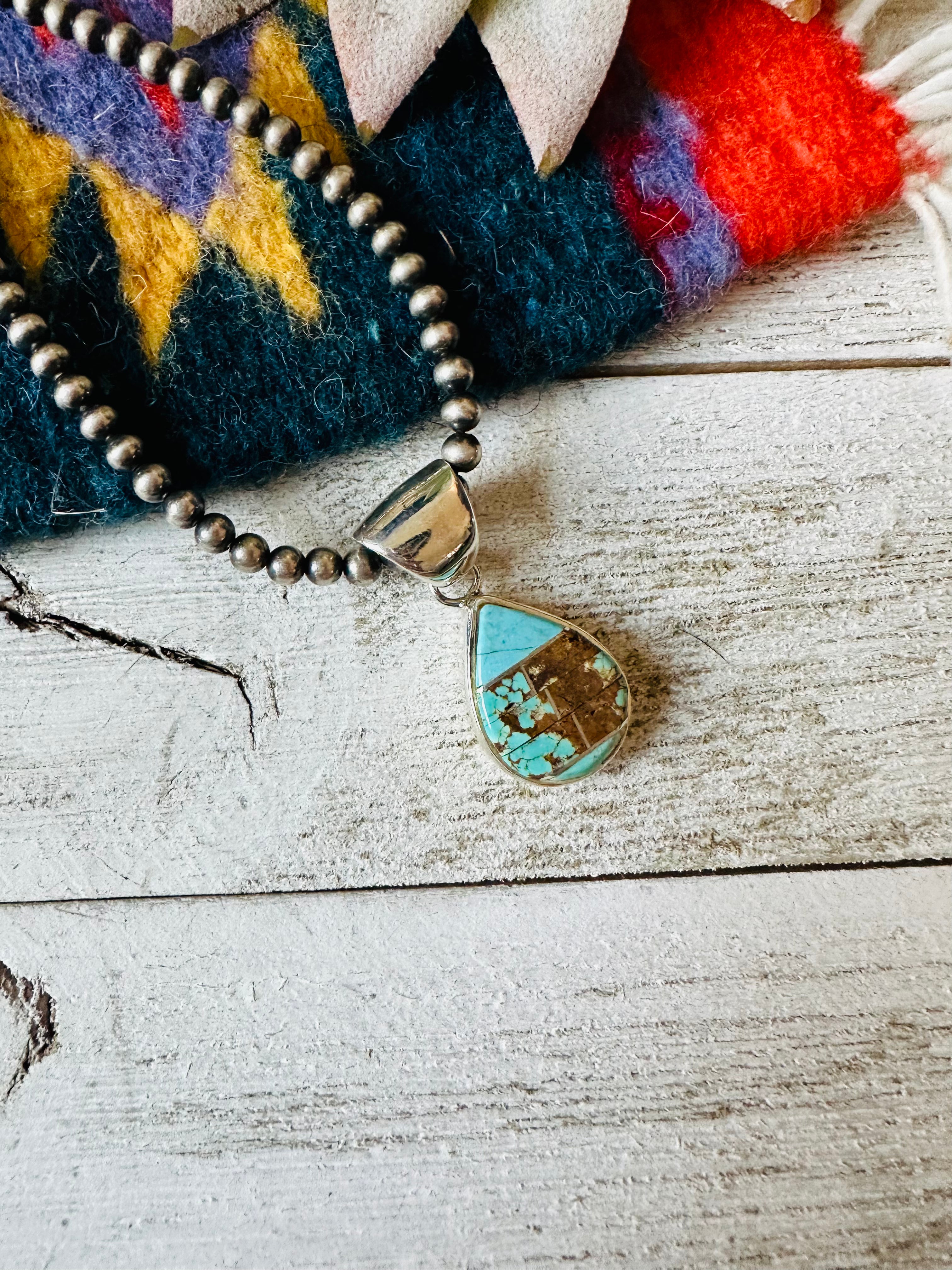 Navajo Number 8 Turquoise & Sterling Silver Teardrop Inlay Pendant