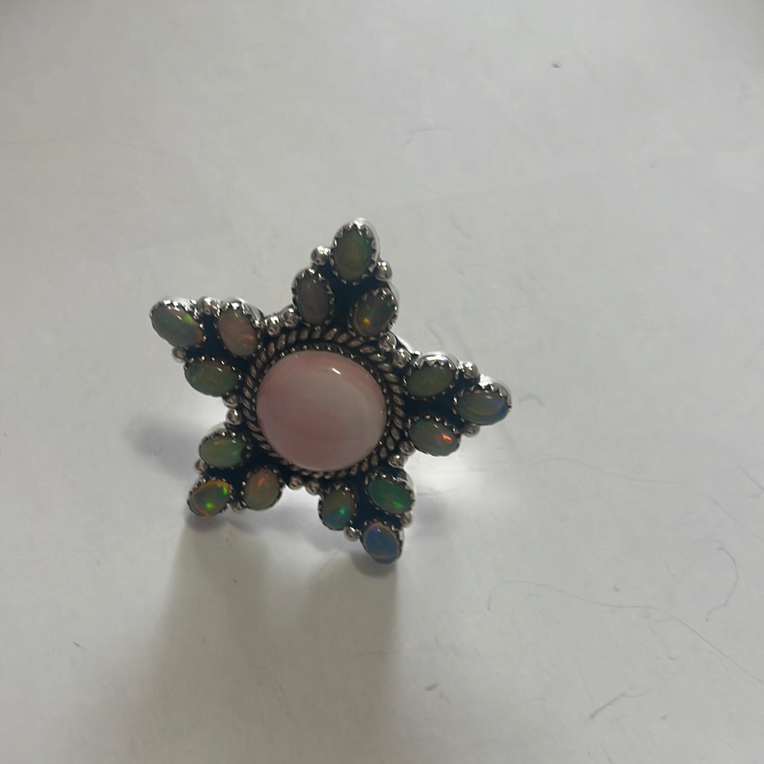 Handmade Pink Conch, Opal And Sterling Silver Adjustable Ring Signed Nizhoni