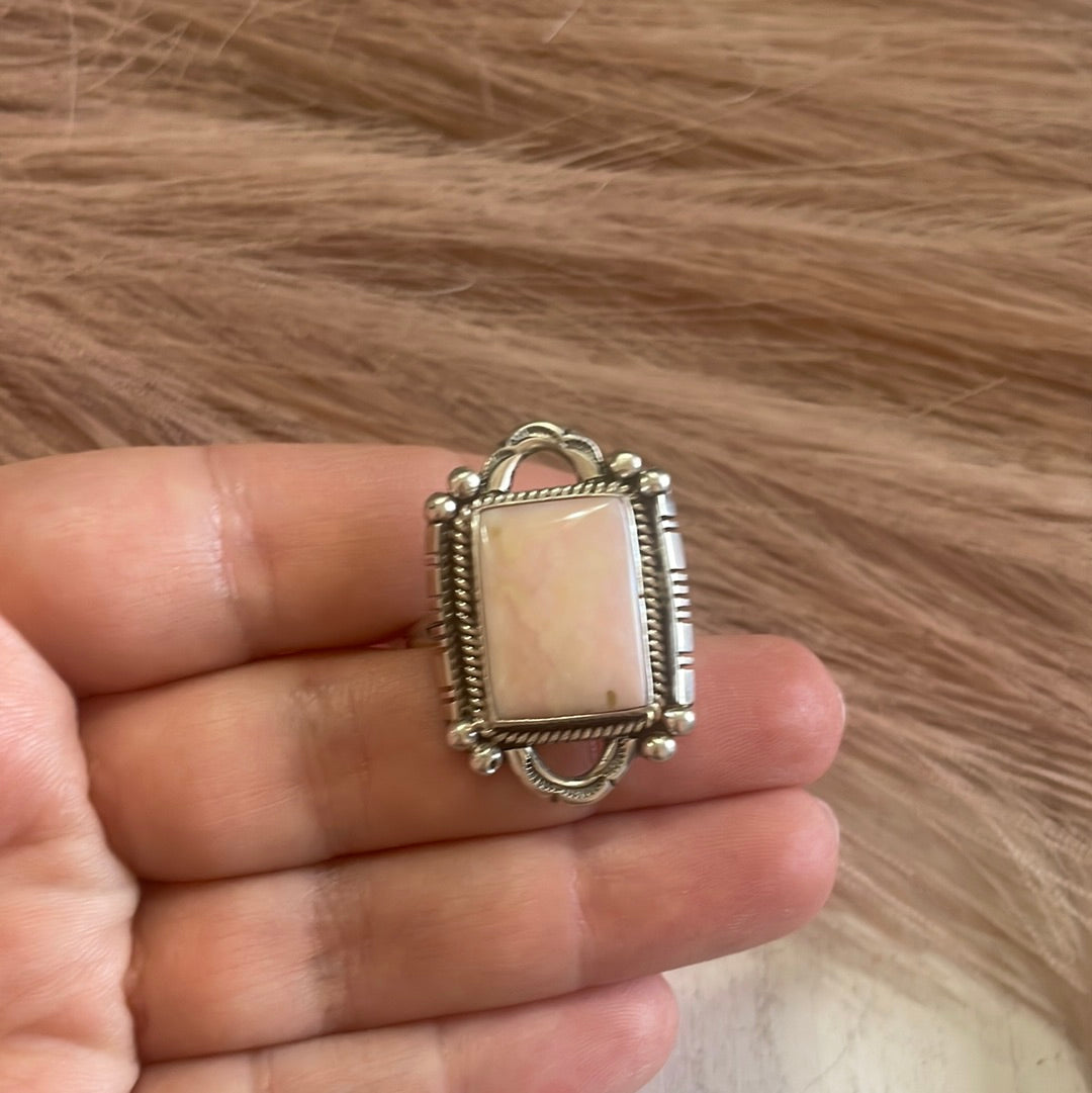 Gorgeous Navajo Pink Peruvian Opal And Sterling Silver Adjustable Ring