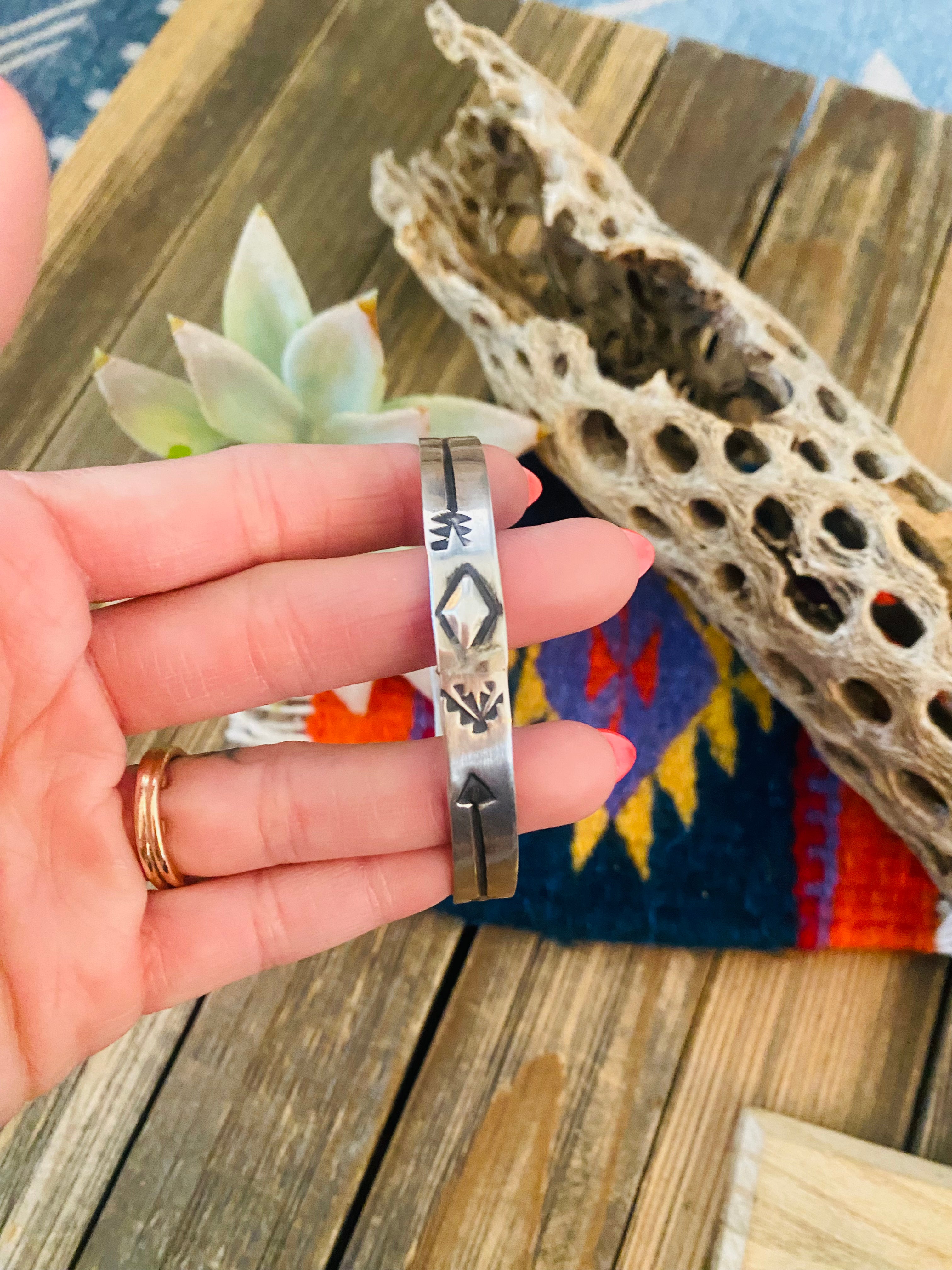 Navajo Hand Stamped Sterling Silver Bangle Bracelet by Elvira Bill