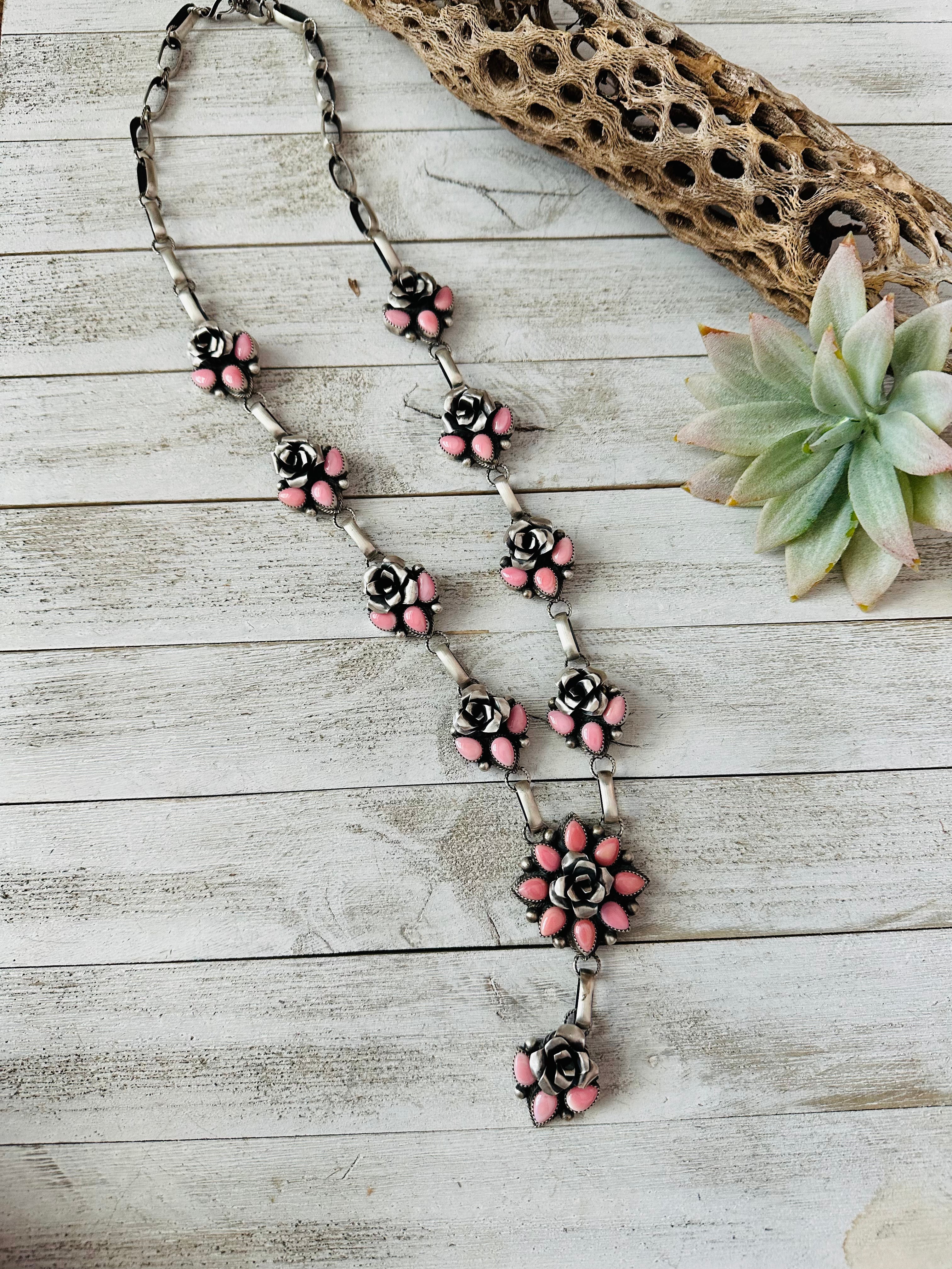 Navajo Sterling Silver & Queen Pink Conch Shell Flower Necklace