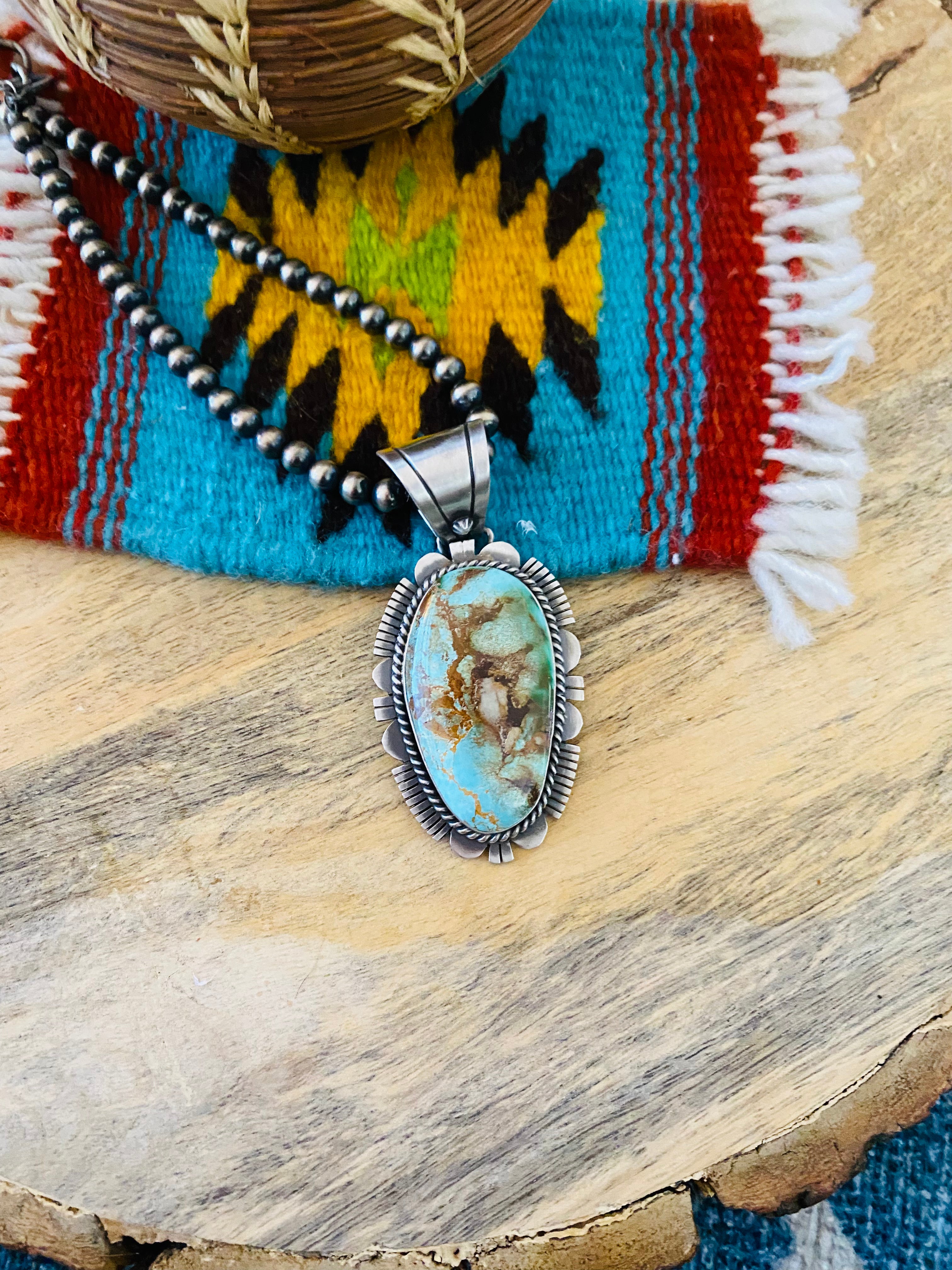 Navajo Royston Turquoise and Sterling Silver Pendant by Russell Sam