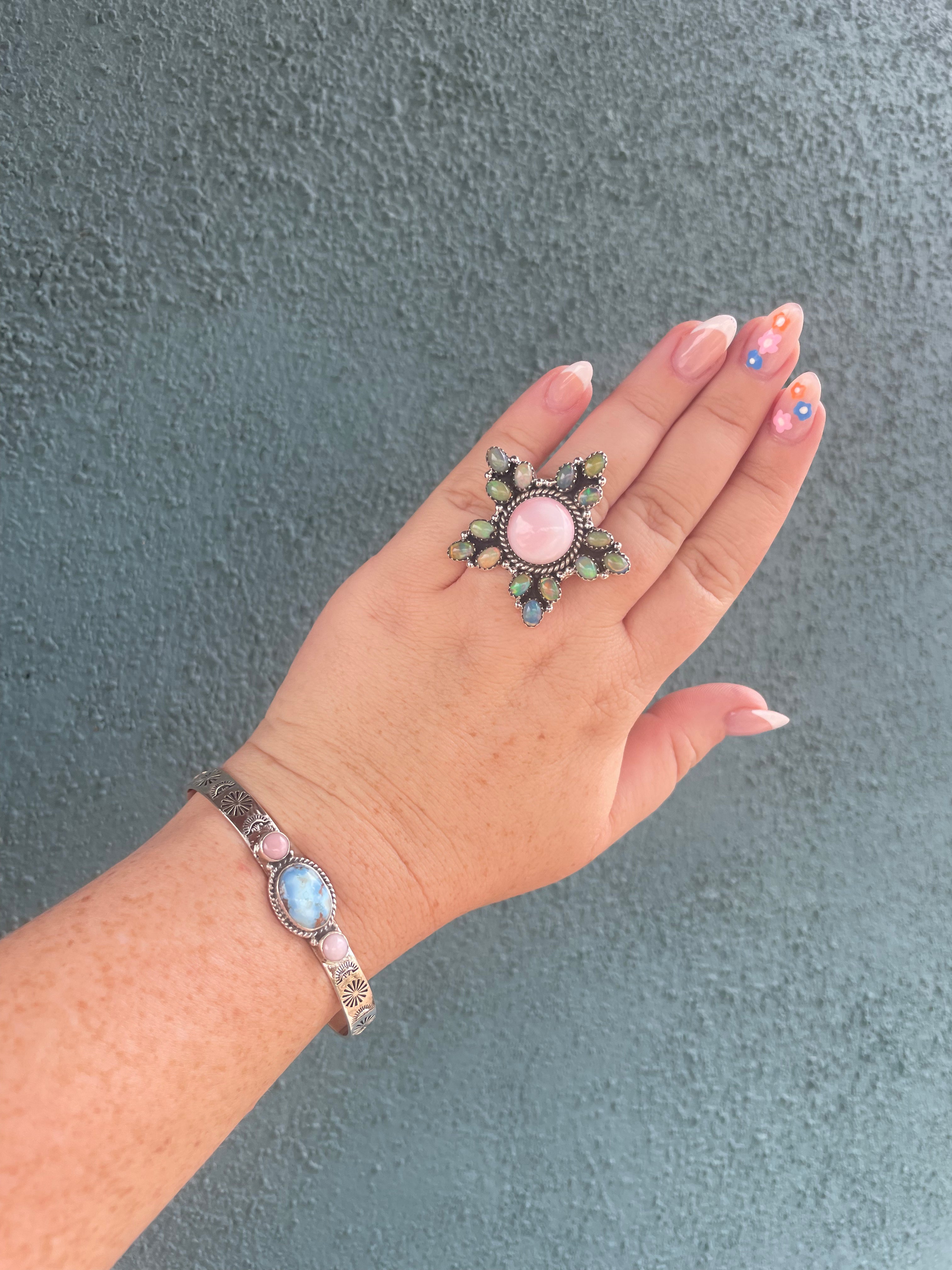 Handmade Pink Conch, Opal And Sterling Silver Adjustable Ring Signed Nizhoni