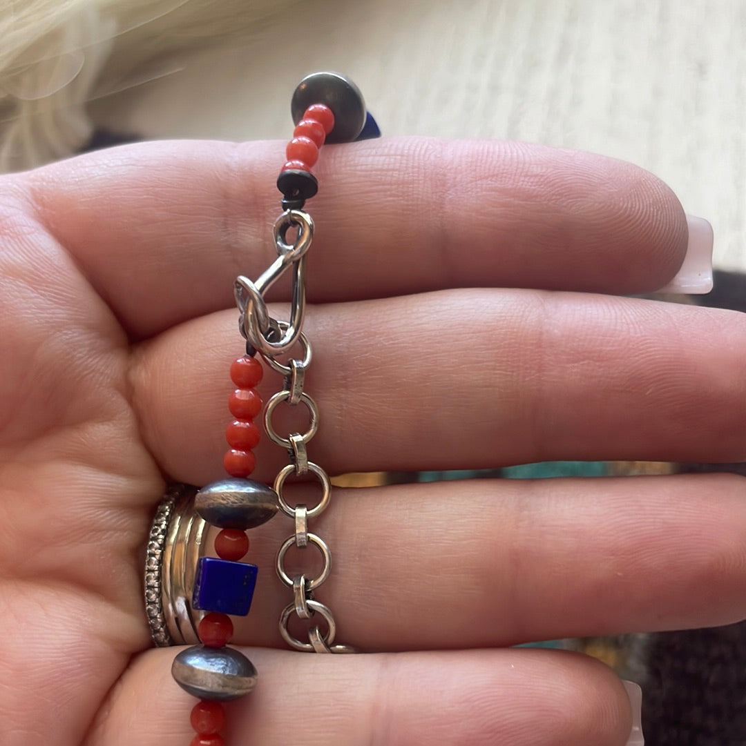 Handmade Beaded Coral, Lapis & Sterling Silver Necklace