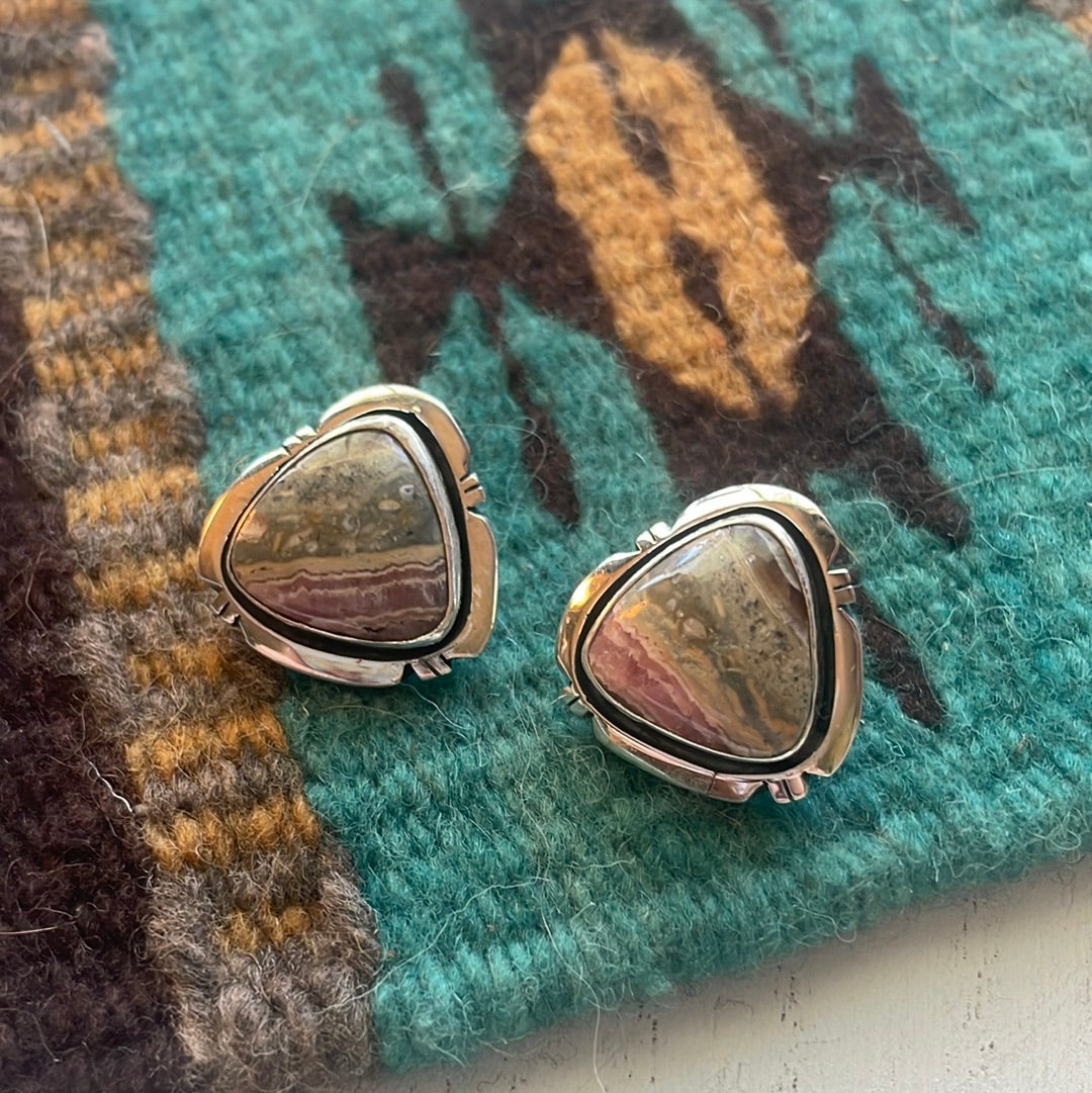 Navajo Sterling Silver & Rhodochrosite Stone Post Earrings Signed