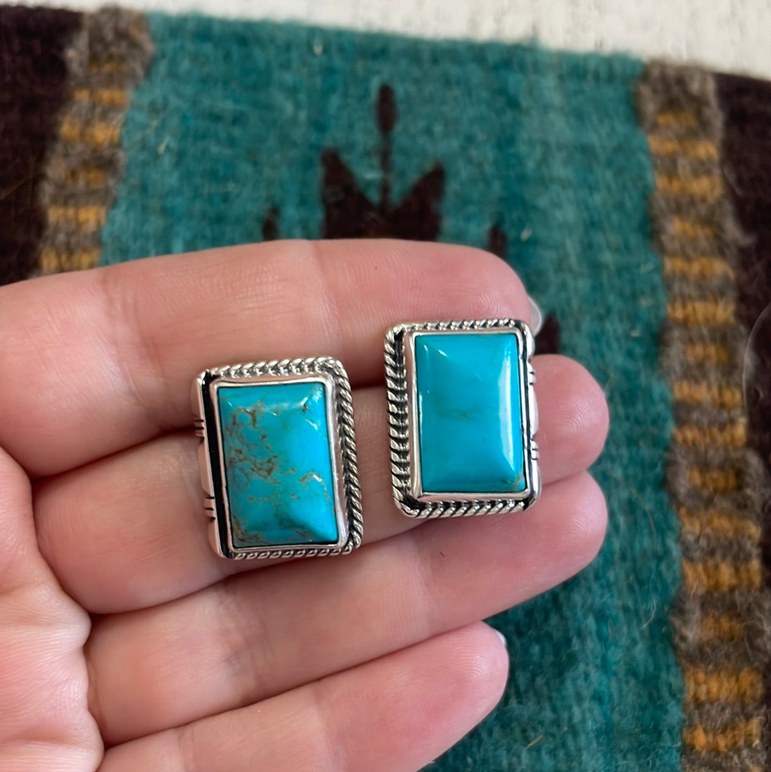 Navajo Turquoise & Sterling Silver Rectangle Earrings Signed