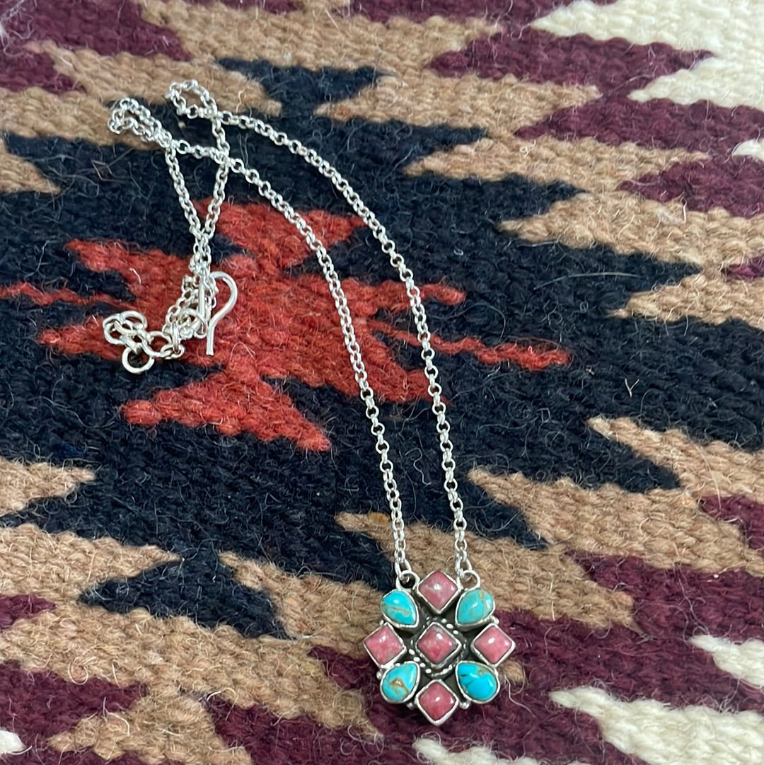 Handmade Sterling Silver, Rhodonite & Turquoise Necklace