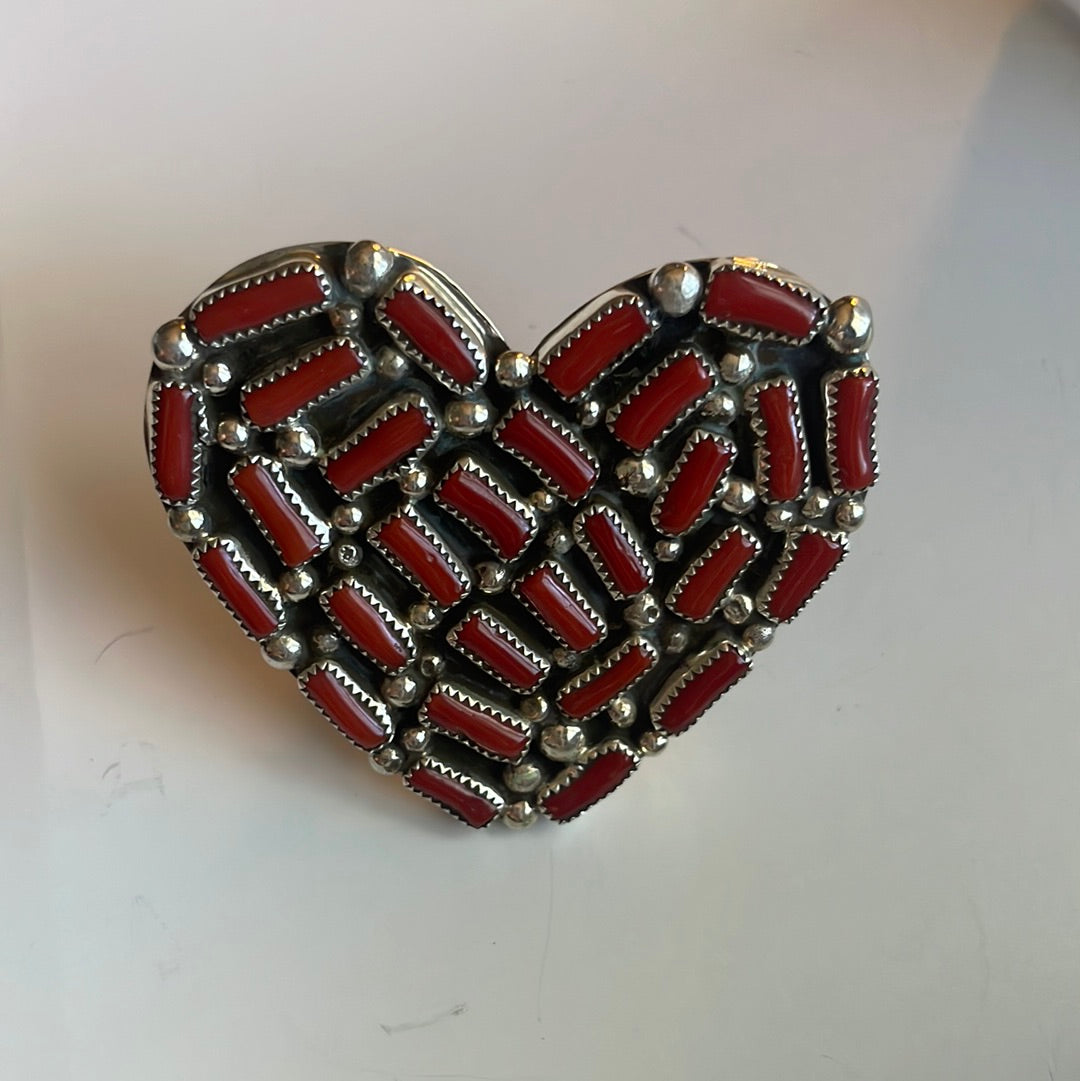 Navajo Coral Sterling Silver Adjustable Heart Ring Signed