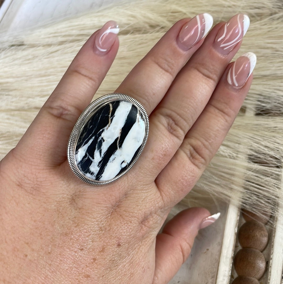 Navajo Sterling Silver & White Buffalo Adjustable Ring Signed