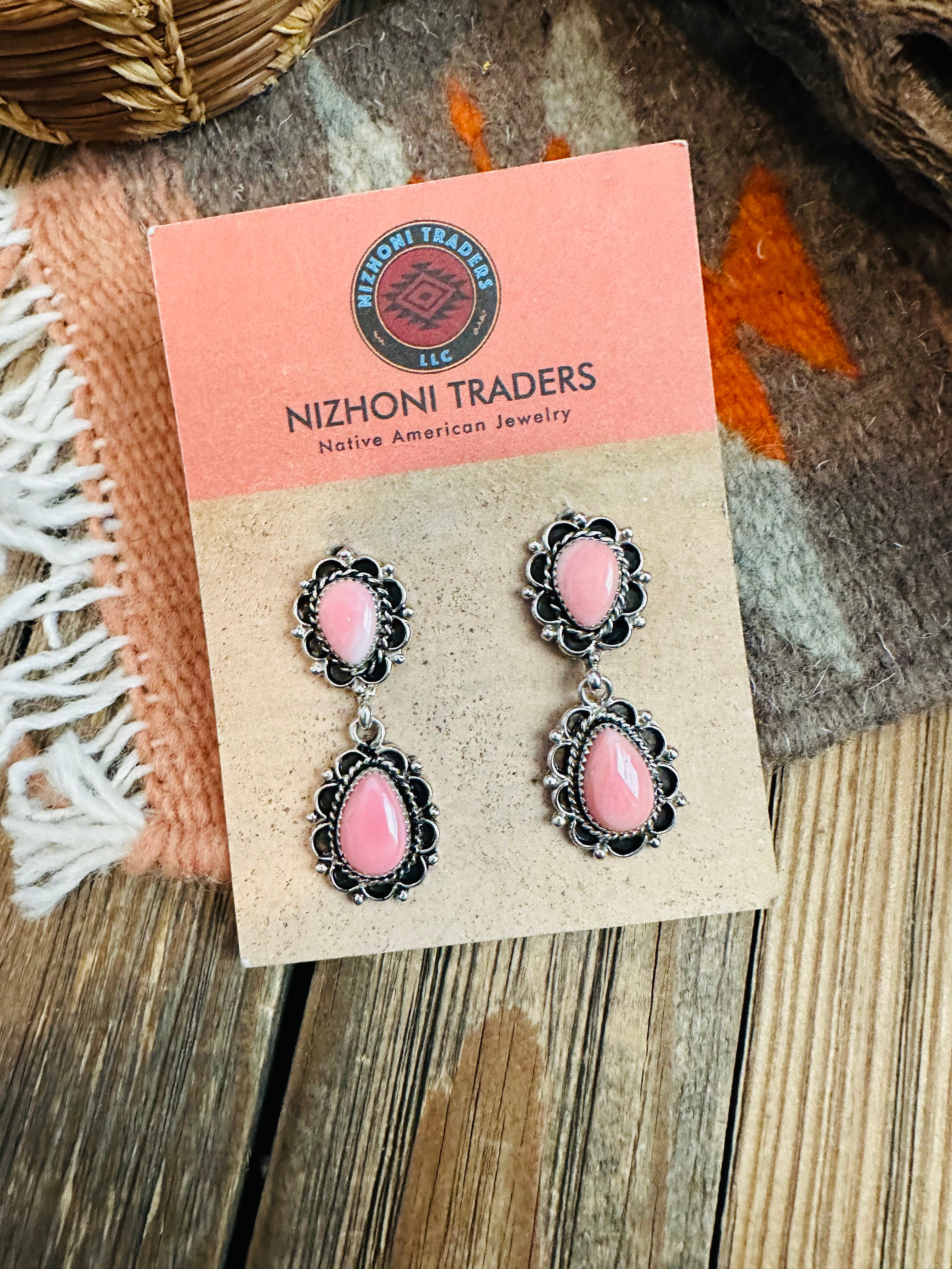 Navajo Queen Pink Conch & Sterling Silver Dangle Earrings