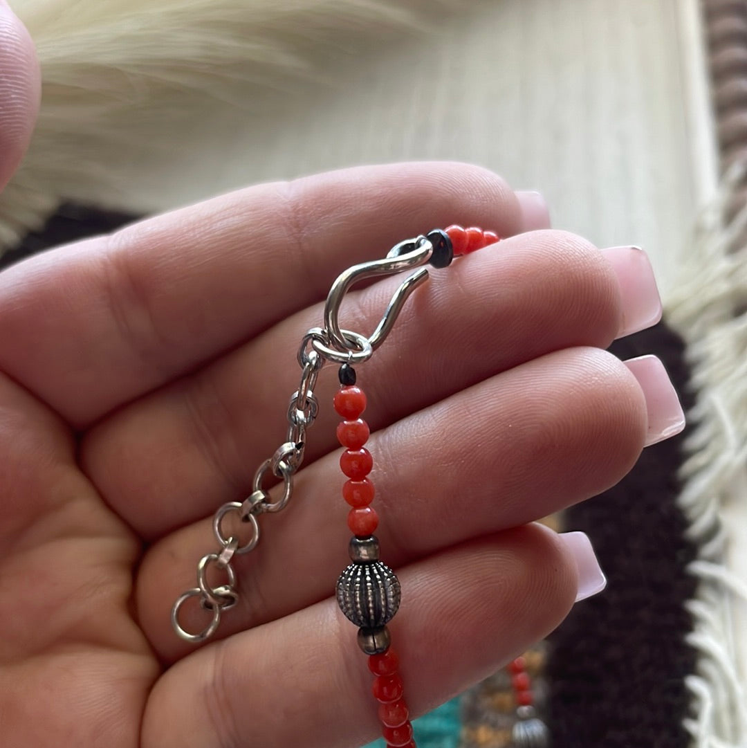 Handmade Beaded Coral & Sterling Silver Necklace