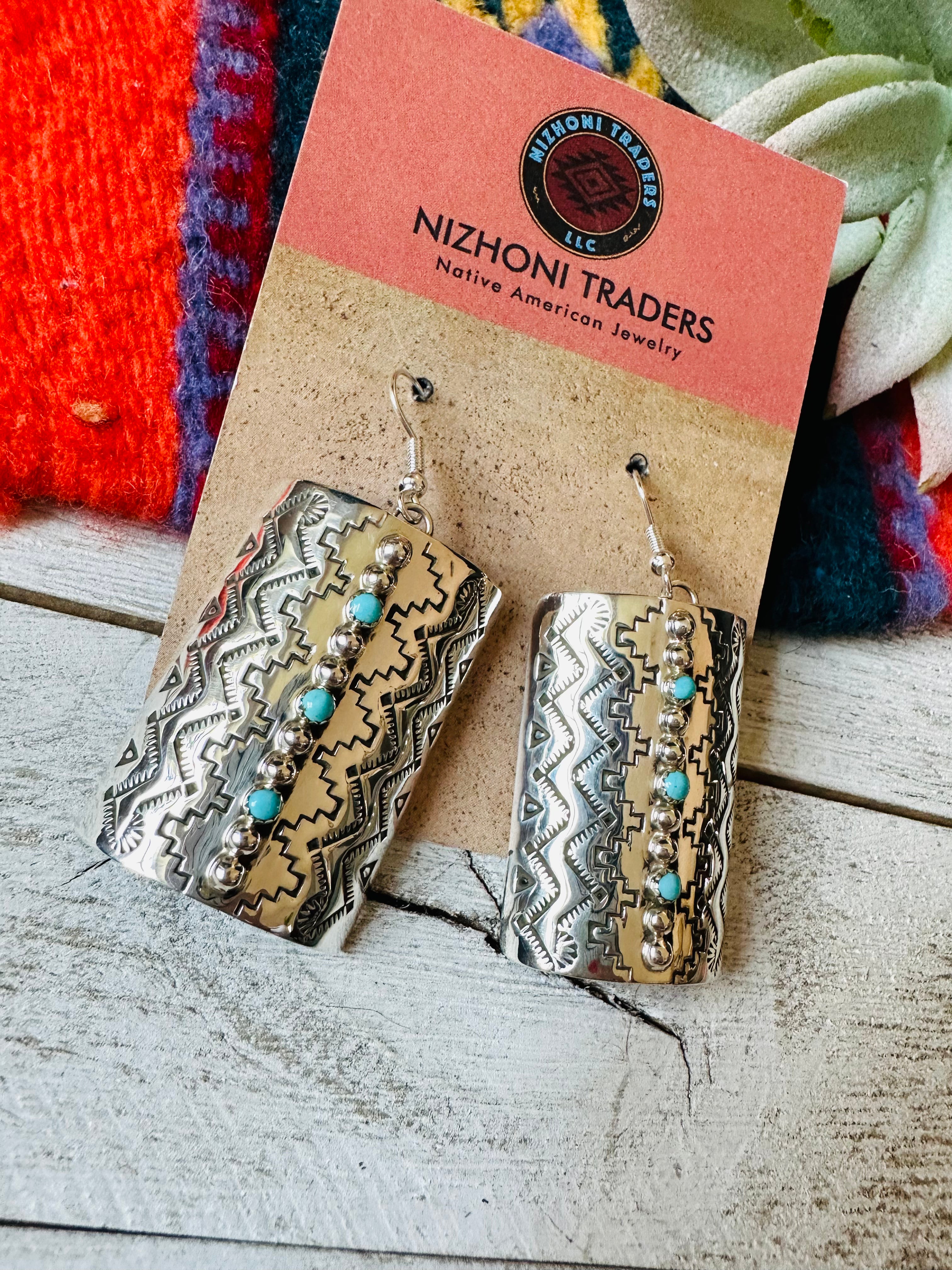 Navajo Hand Stamped Sterling Silver & Turquoise Dangle Earrings