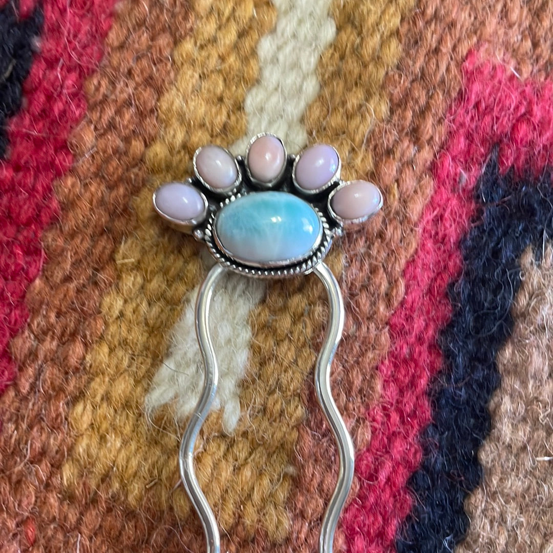 Handmade Larimar, Pink Conch & Sterling Silver Hair Pin