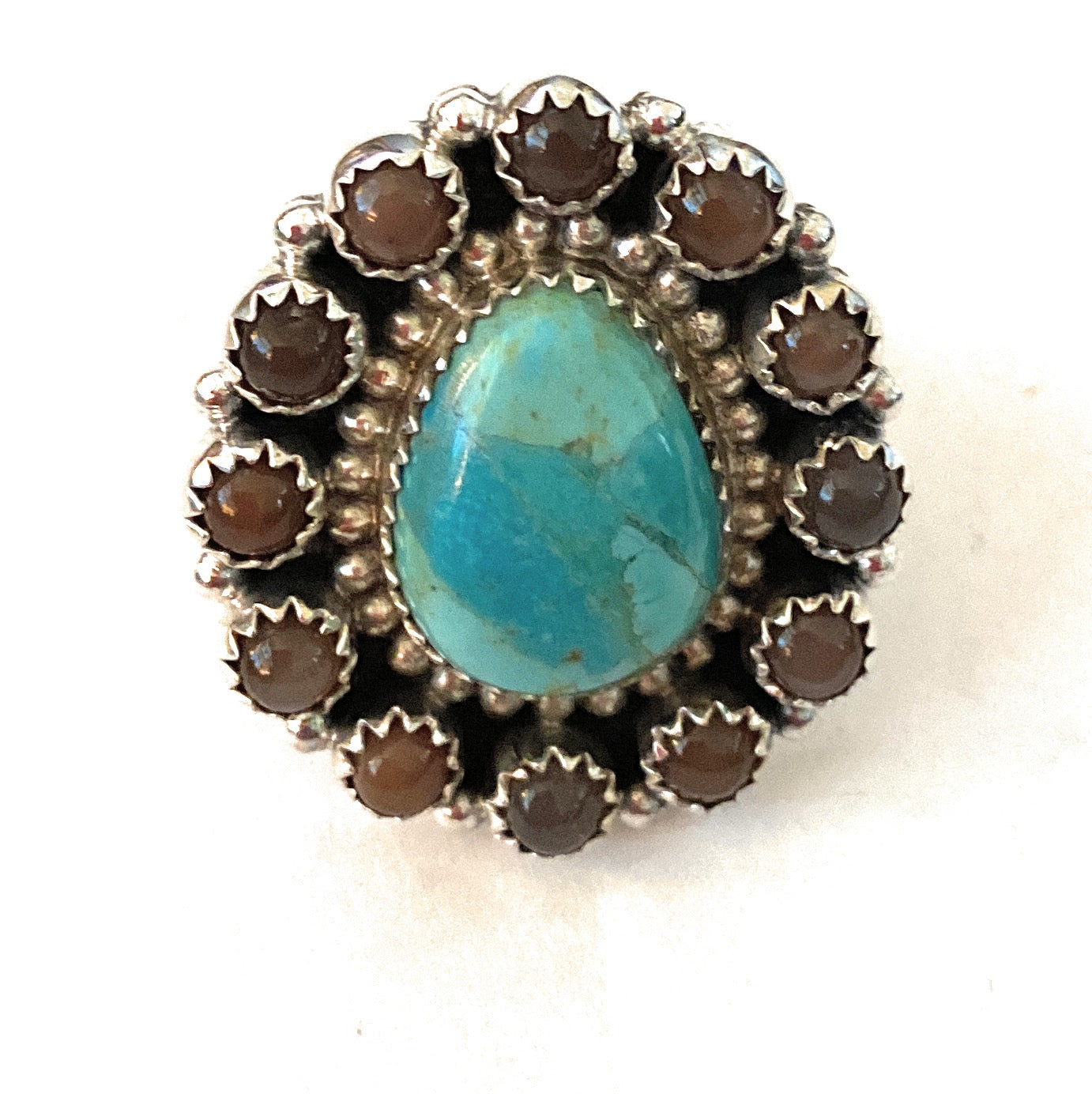 Handmade Sterling Silver, Mother of Pearl & Turquoise Cluster Adjustable Ring