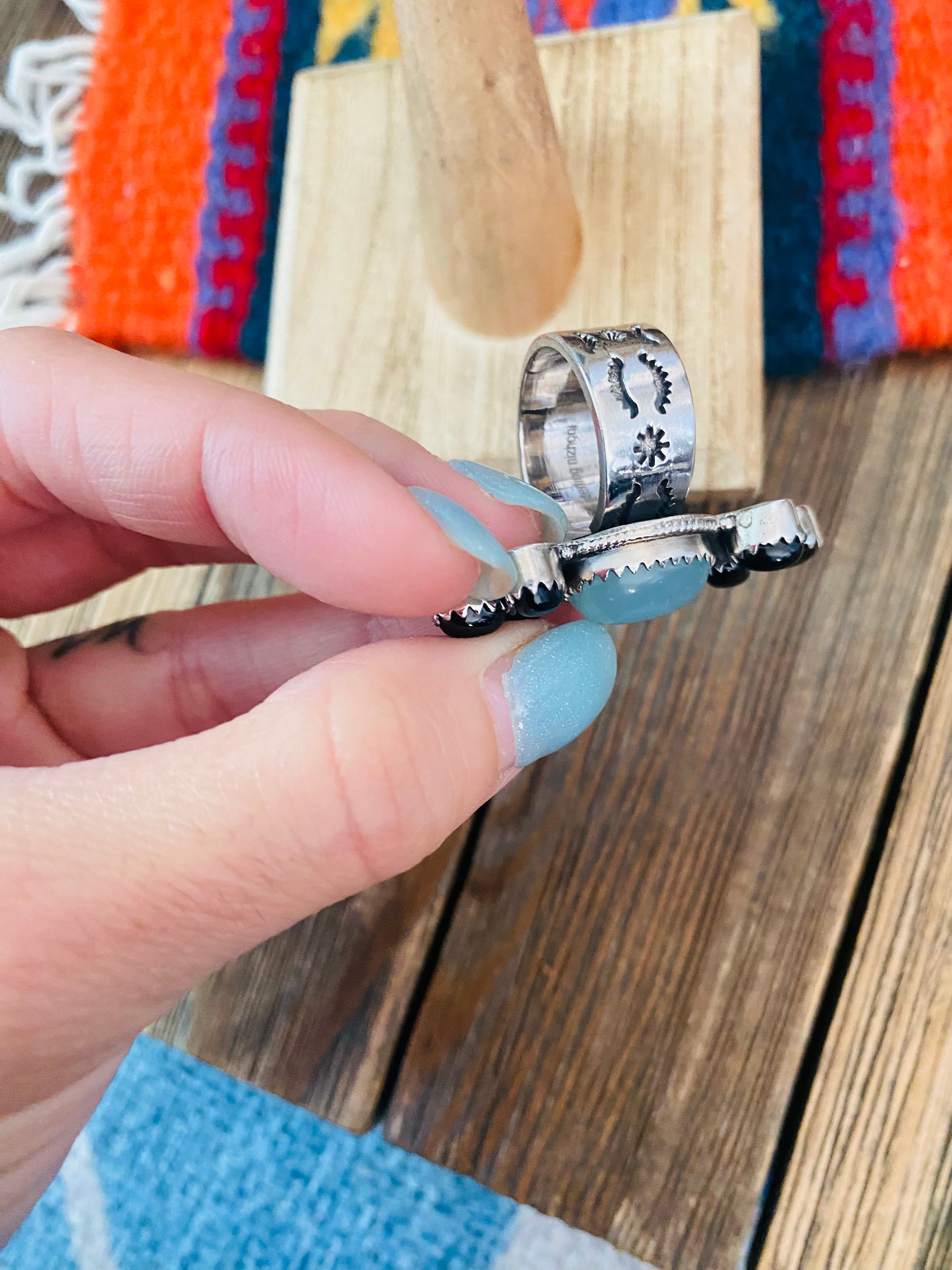 Handmade Sterling Silver, Opalite & Onyx Cluster Adjustable Ring