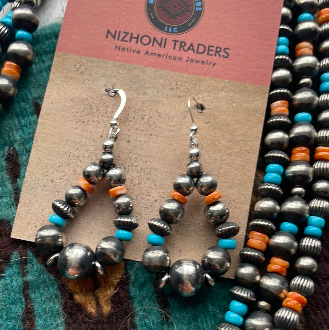 Navajo Beaded Turquoise, Spiny, & Sterling Silver Necklace Earrings Set Signed