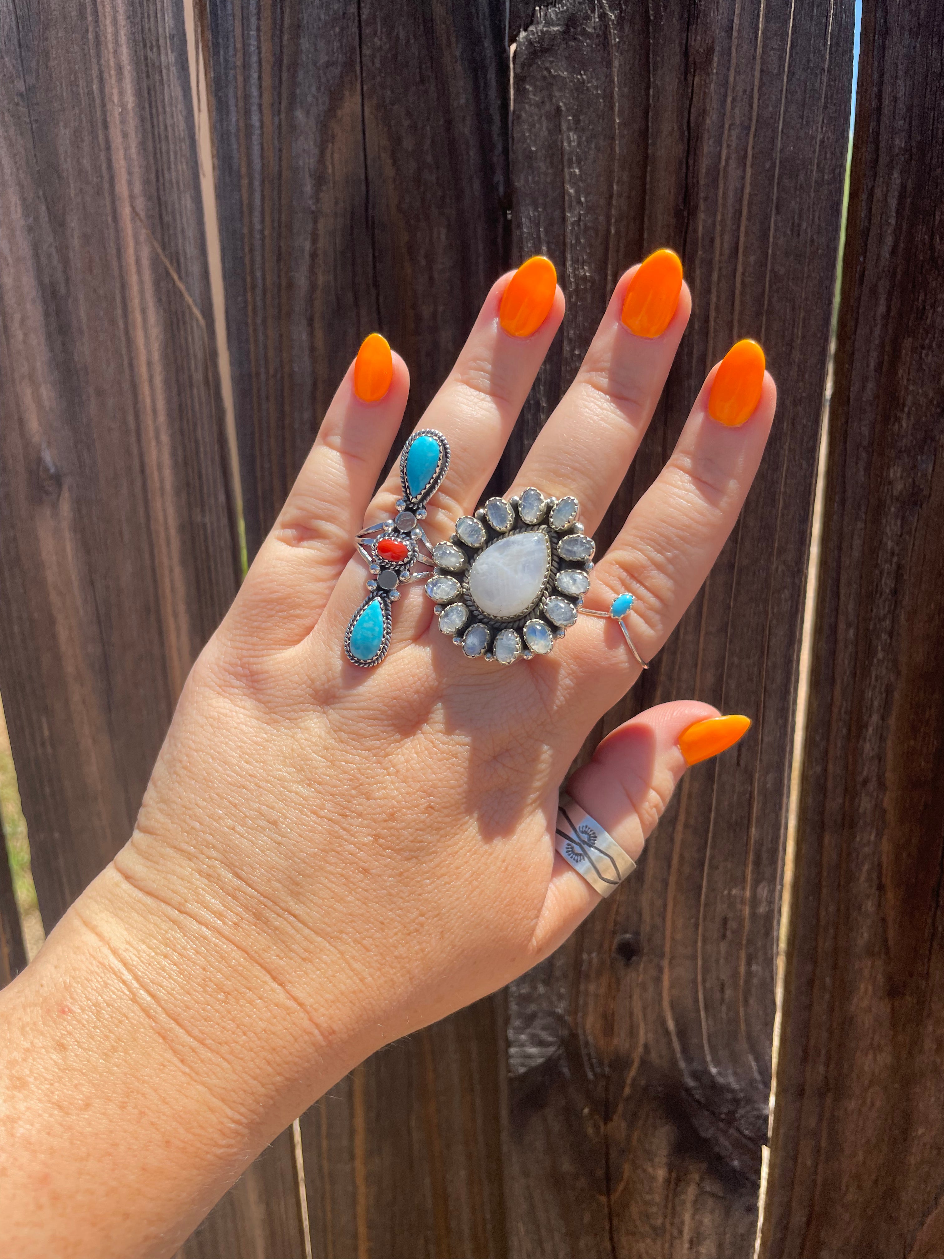 “Triple Stone” Navajo Turquoise, Coral And Sterling Silver Ring