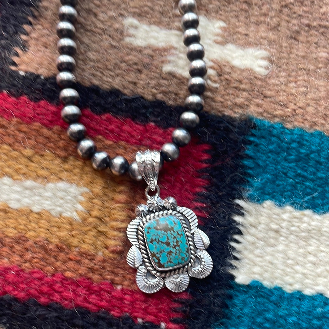 Handmade Sterling Silver & Number 8 Turquoise Pendant Signed Nizhoni