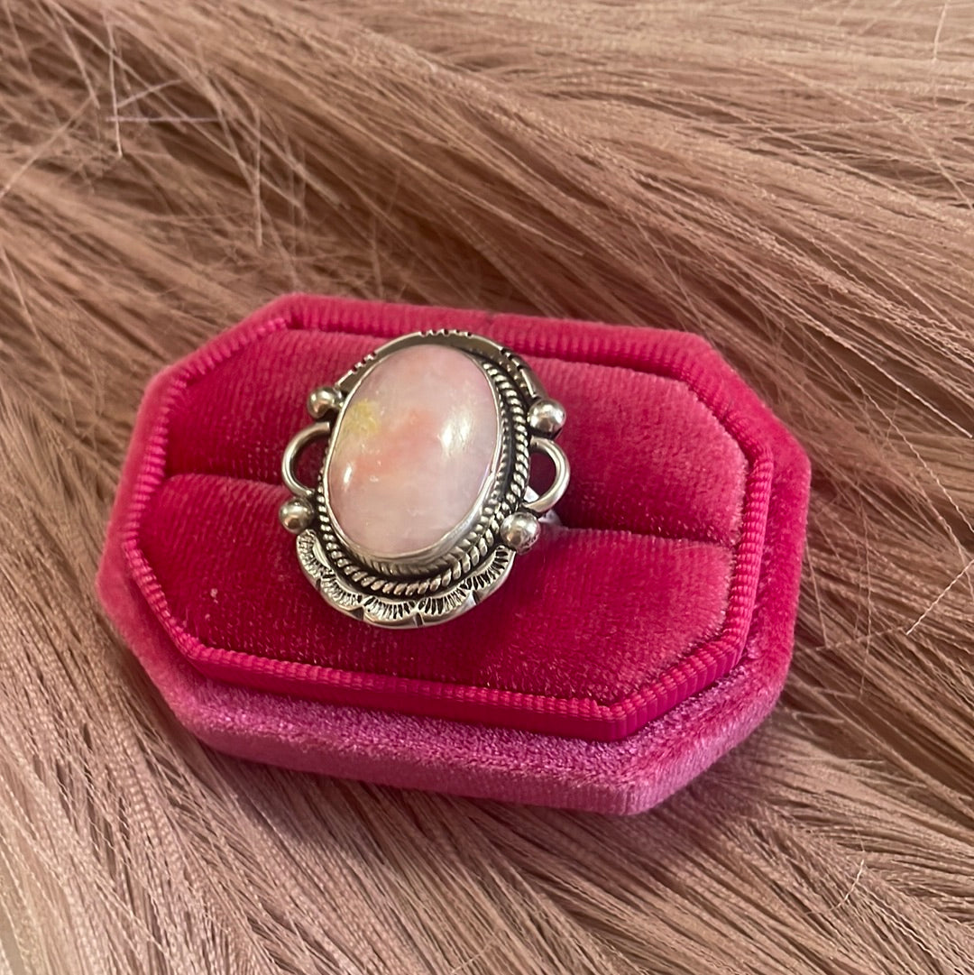 Gorgeous Navajo Pink Peruvian Opal And Sterling Silver Adjustable Ring