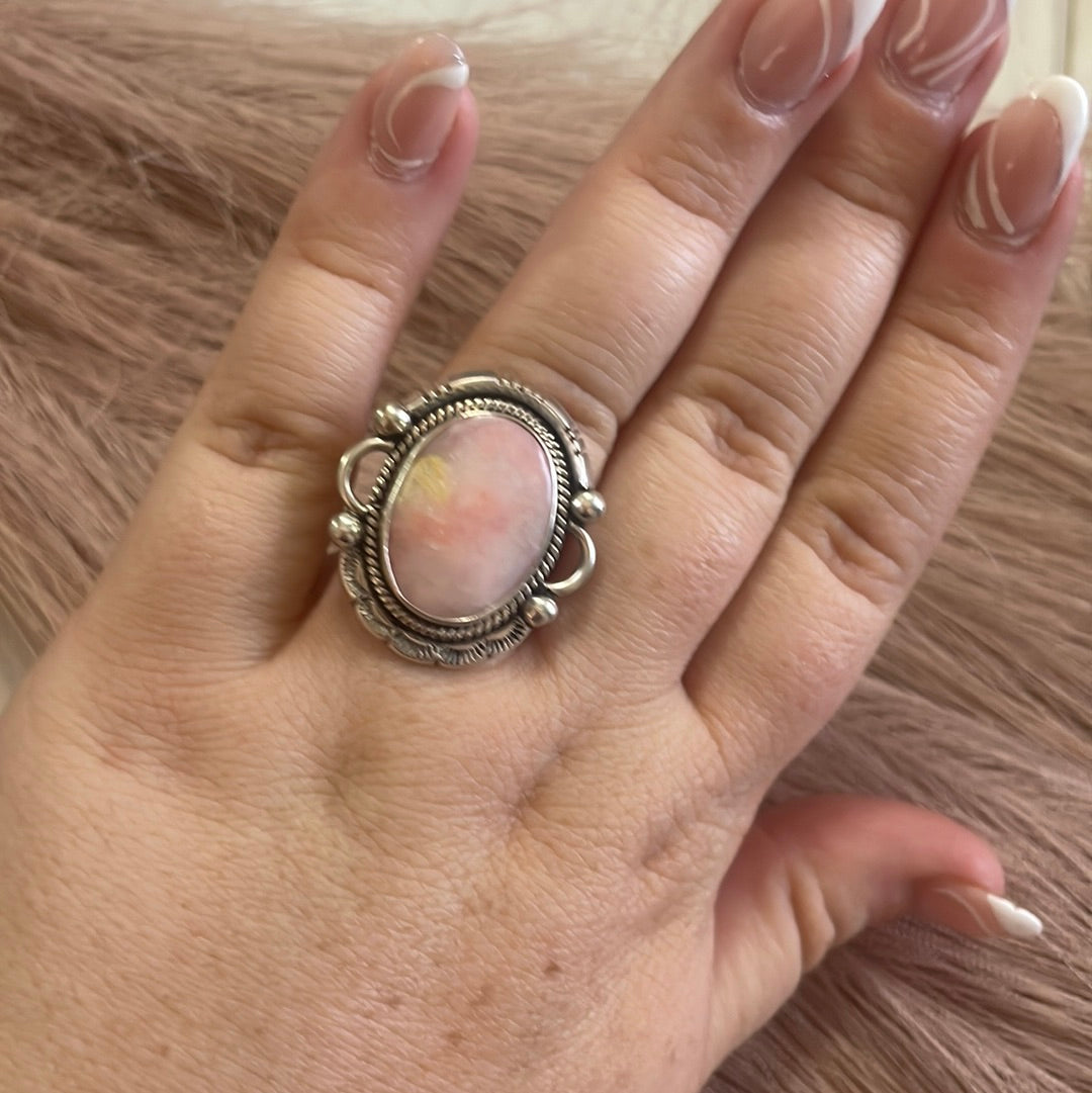 Gorgeous Navajo Pink Peruvian Opal And Sterling Silver Adjustable Ring