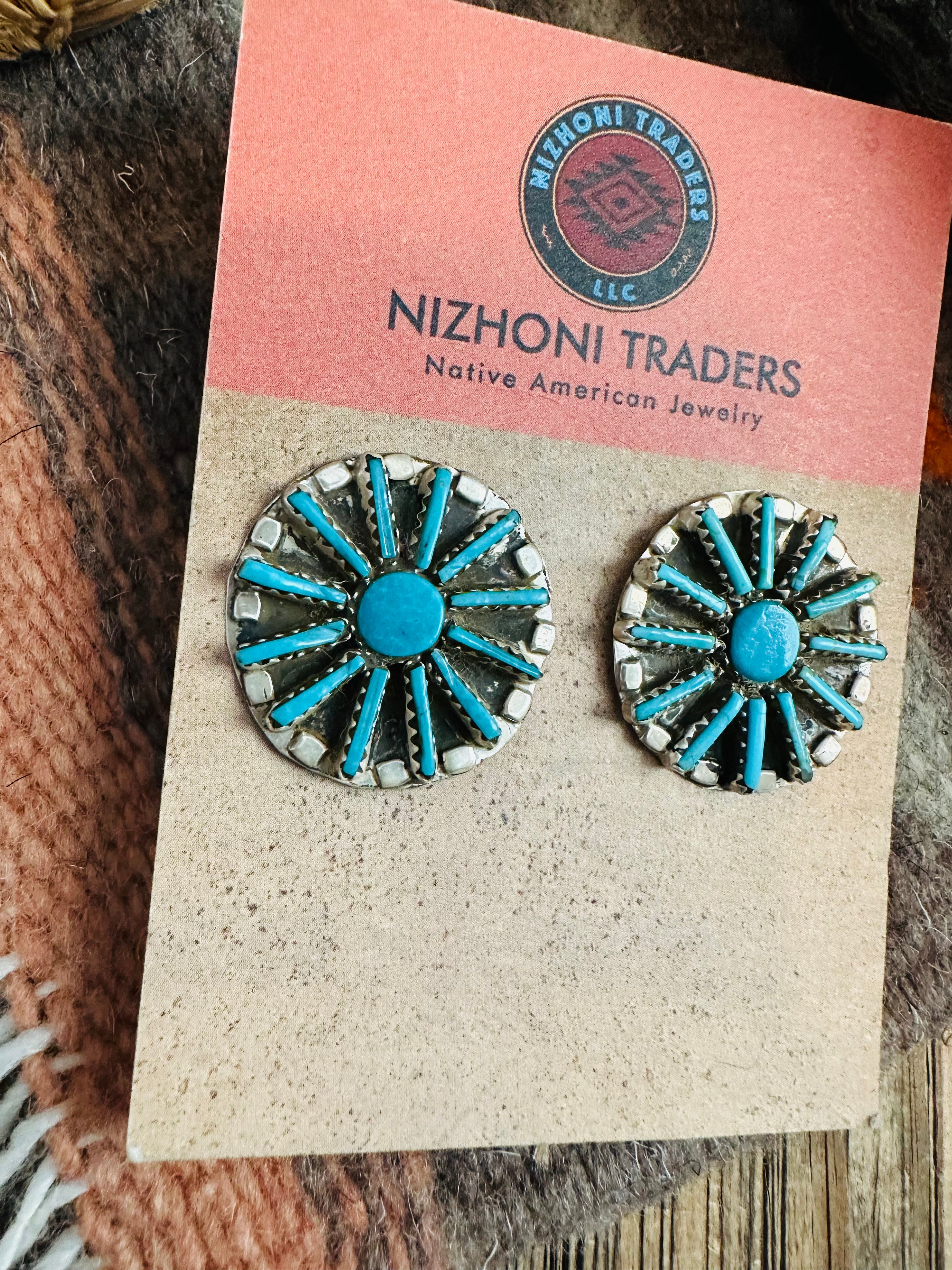 Zuni Sterling Silver & Turquoise Needlepoint Cluster Earrings