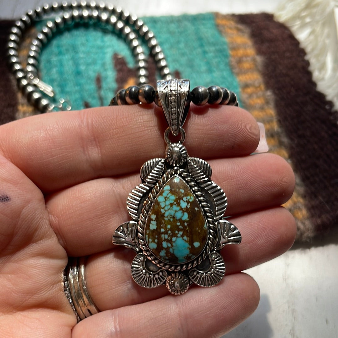 Handmade Sterling Silver & Number 8 Turquoise Pendant Signed Nizhoni