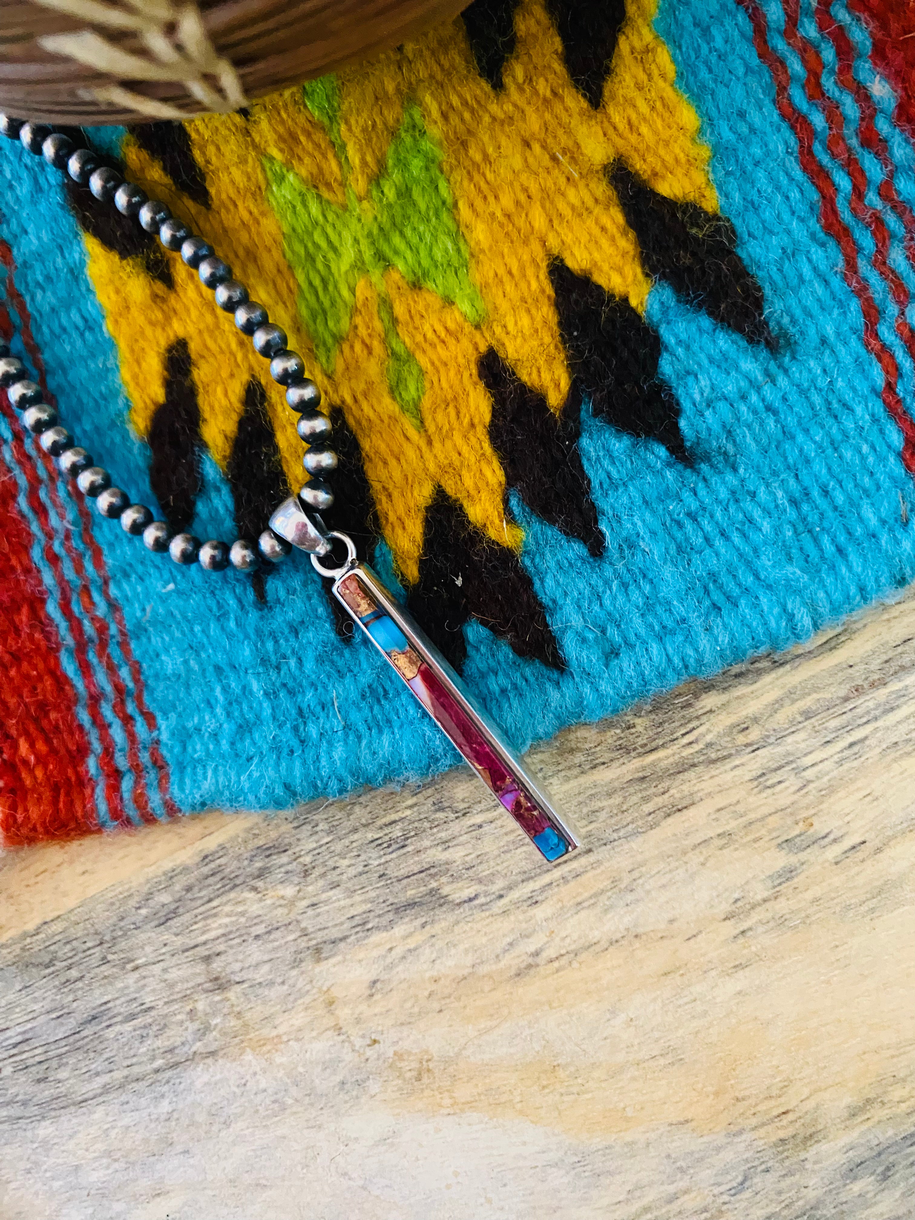 Navajo Sterling Silver & Pink Dream Bar Pendant