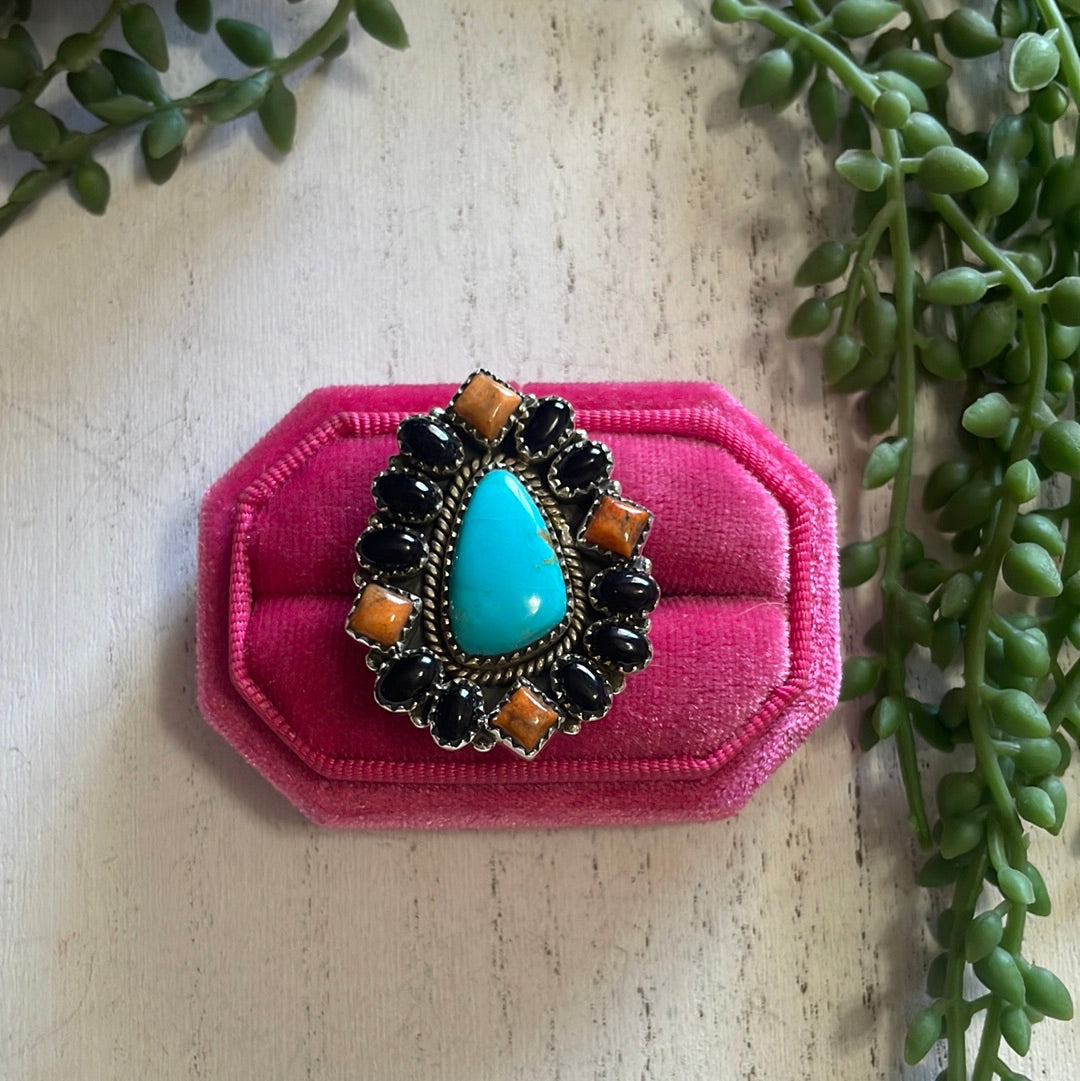 Nizhoni Handmade Turquoise, Black Onyx, Orange Mojave  And Sterling Silver Adjustable Ring