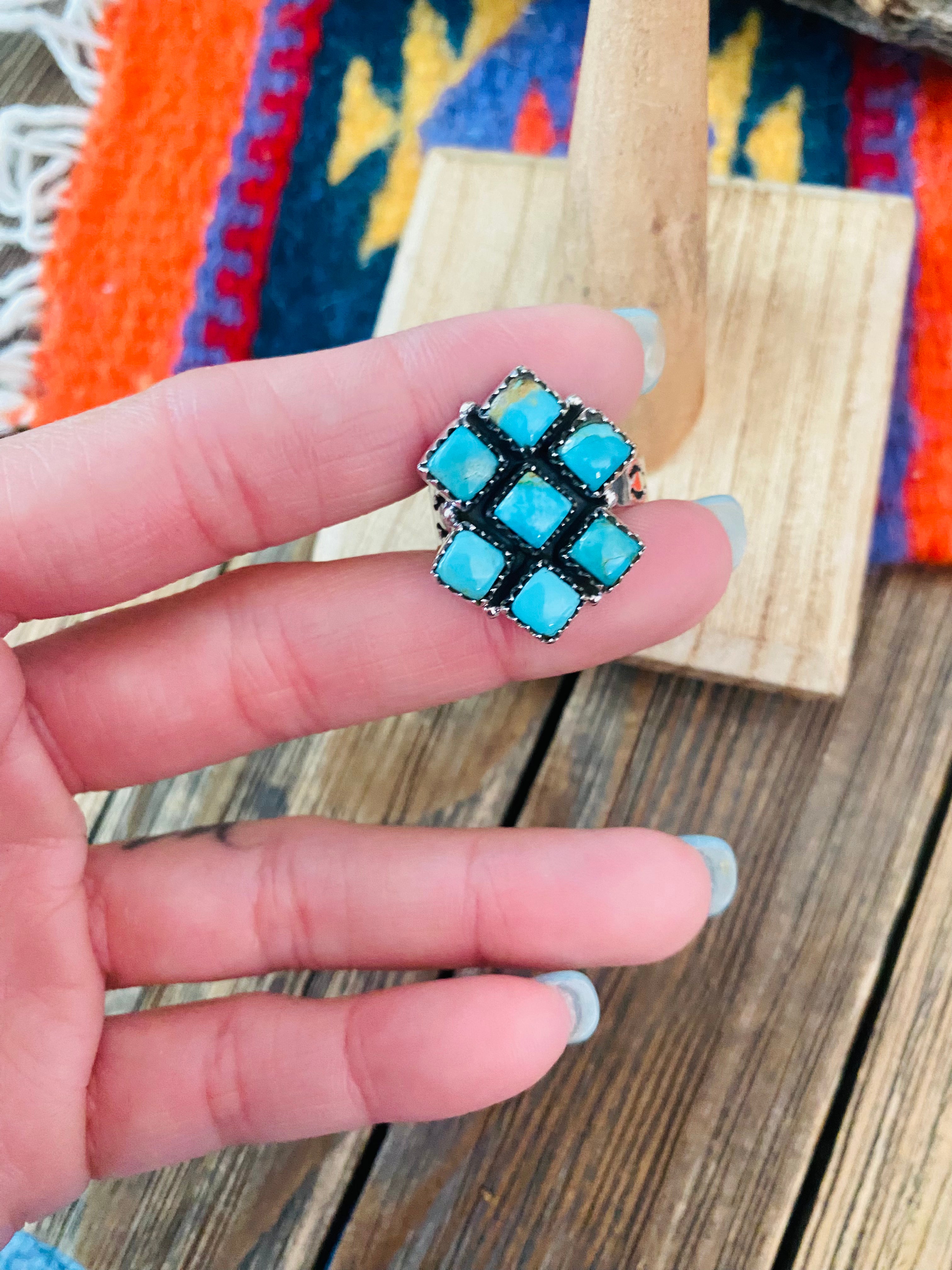 Handmade Sterling Silver & Turquoise Cluster Adjustable Ring