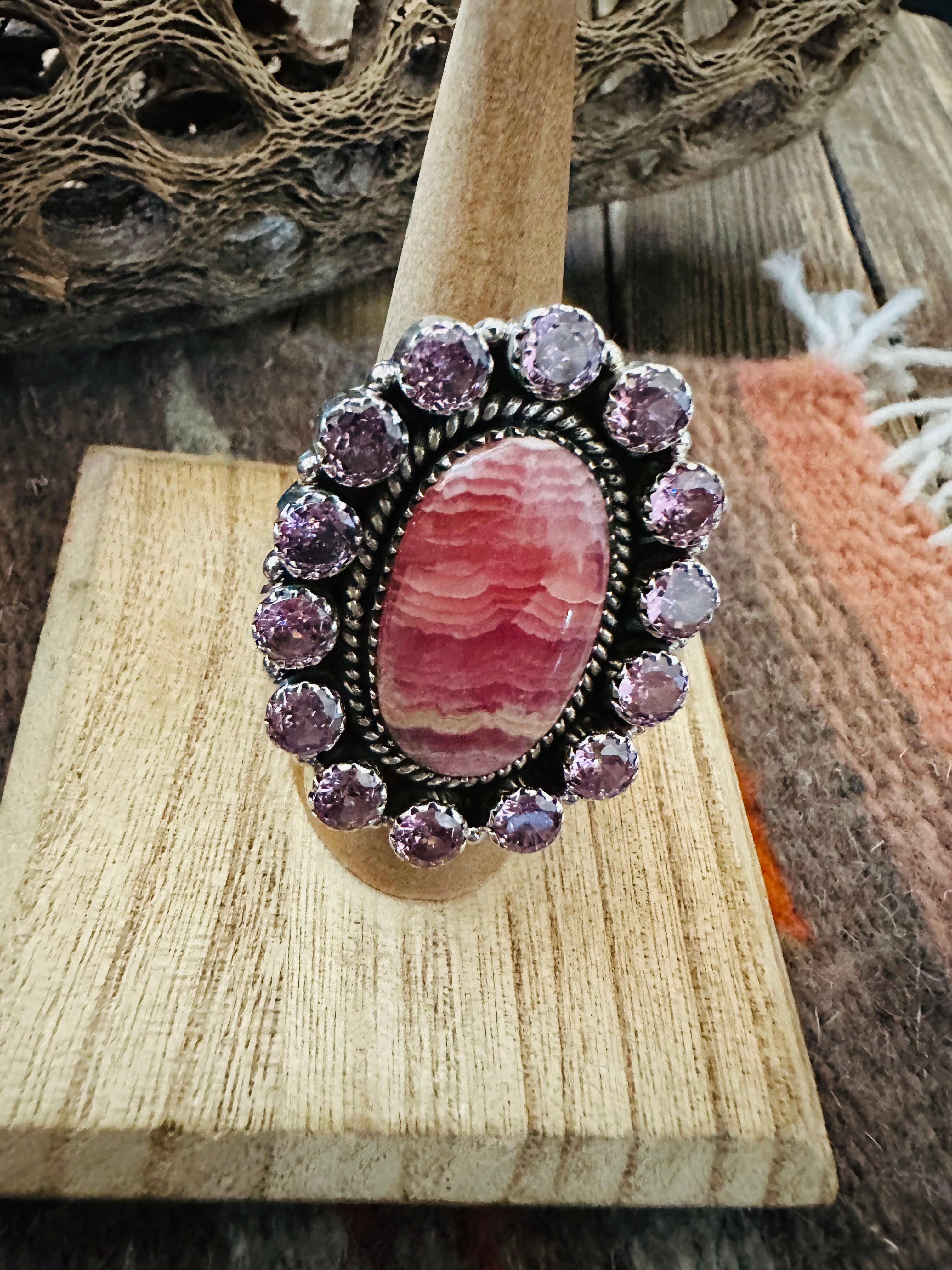 Handmade Sterling Silver, Rhodochrosite & Pink CZ Cluster Adjustable Ring