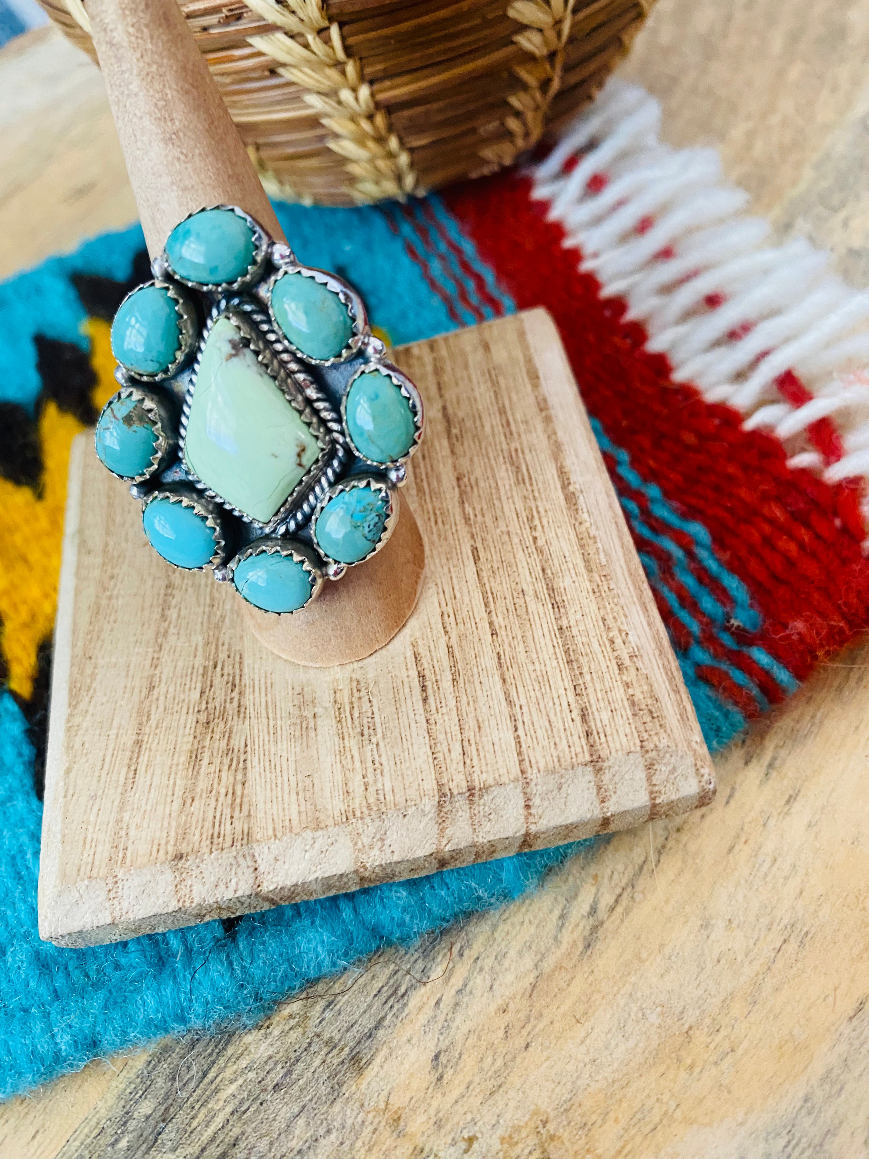 Handmade Sterling Silver, Variscite & Turquoise Cluster Adjustable Ring