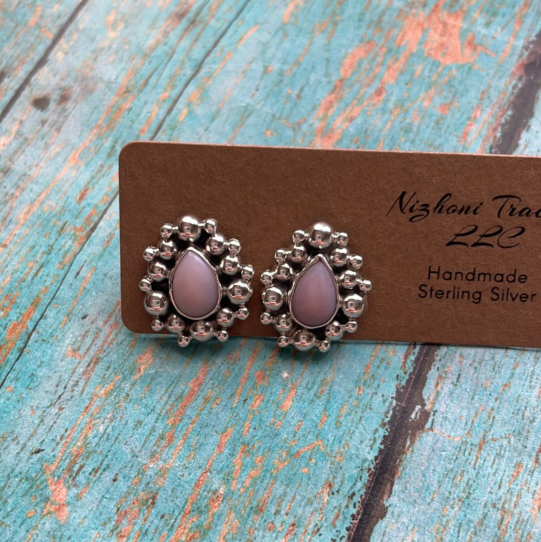 Handmade Pink Conch and Sterling Silver Tear Drop Stud Earrings Signed Nizhoni