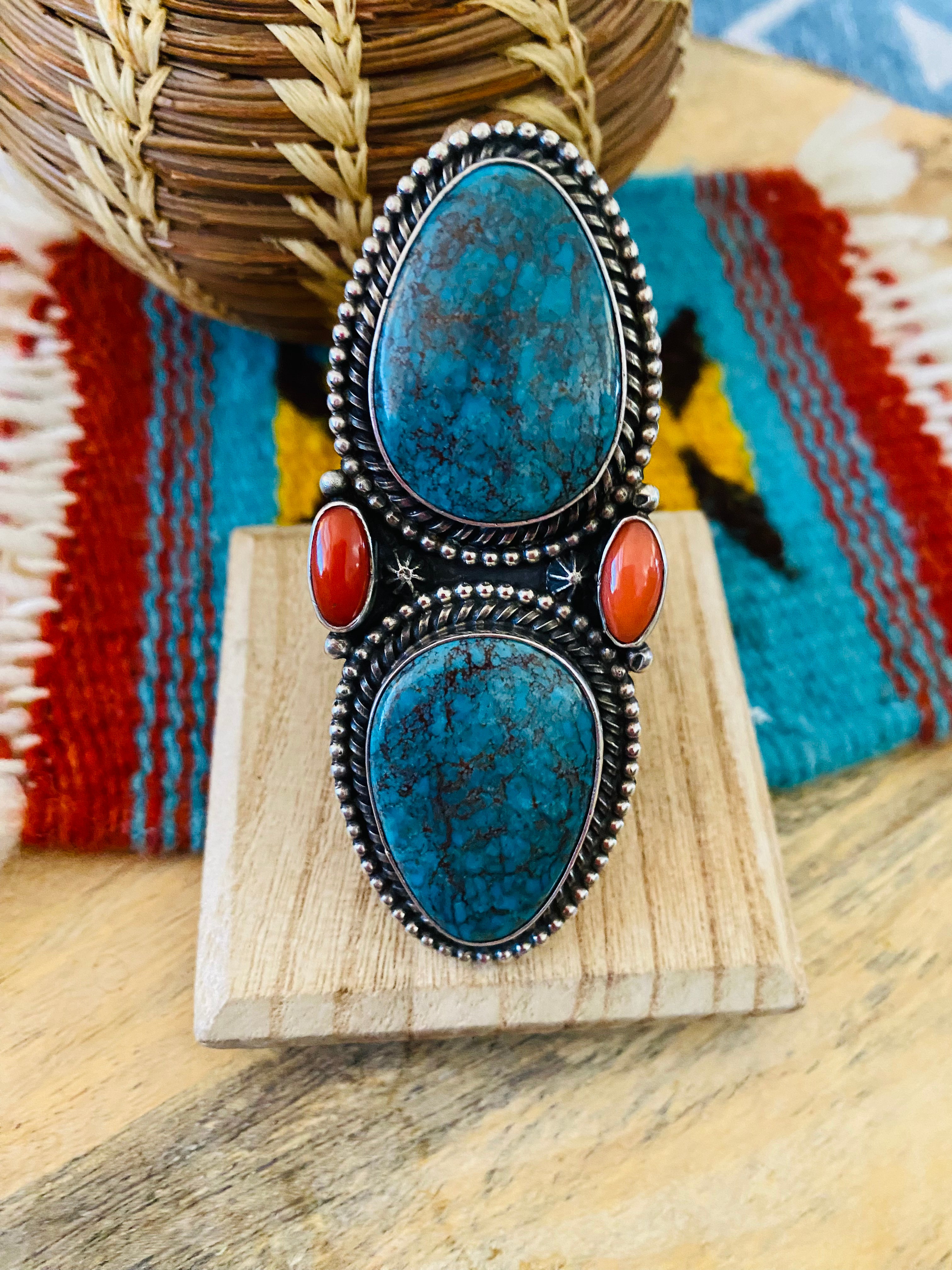 Navajo Kingman Turquoise, Coral & Sterling Silver Adjustable Ring