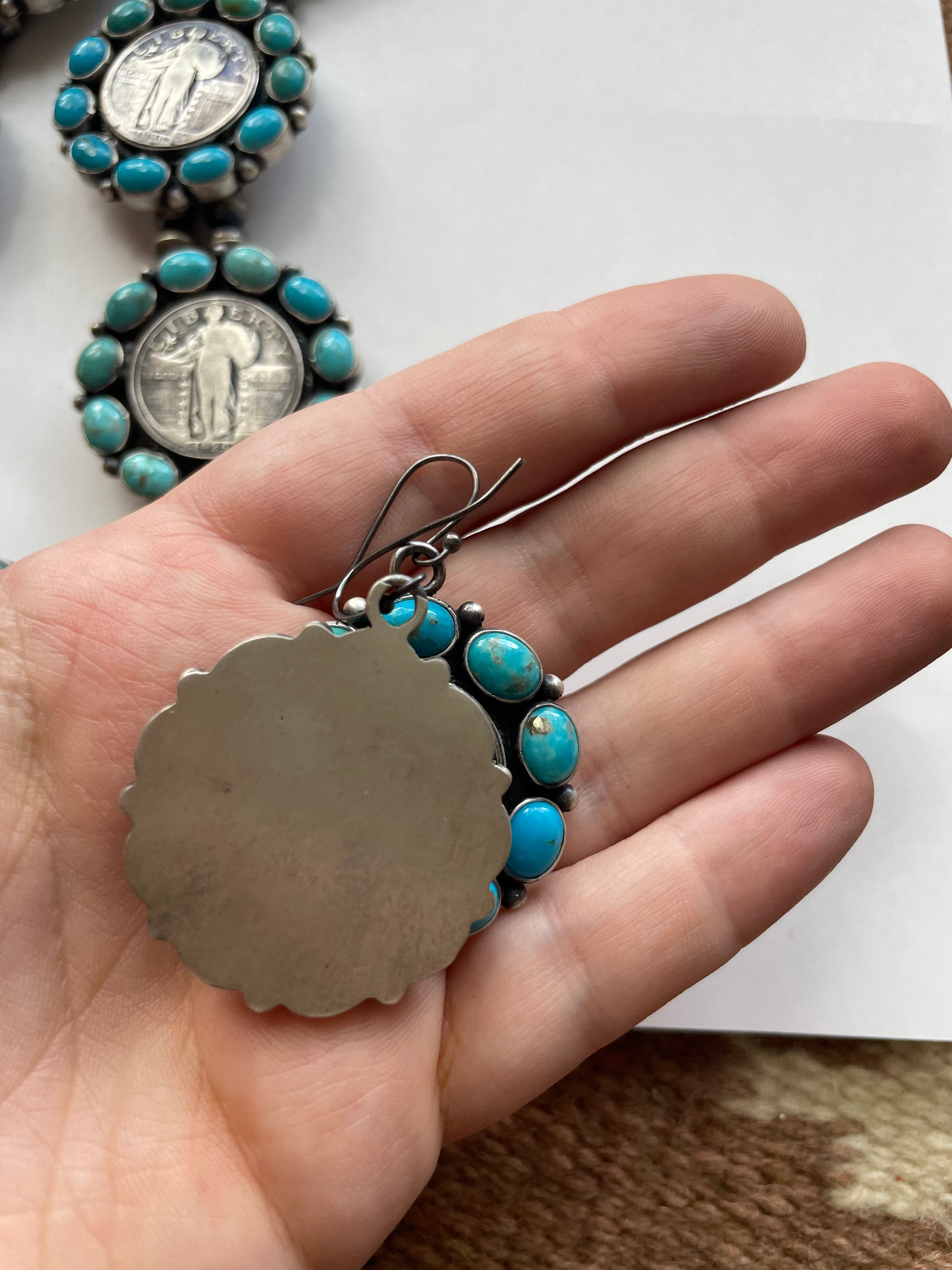 Navajo Turquoise & Sterling Silver Liberty Coin Necklace Earrings Set Signed Bea Tom