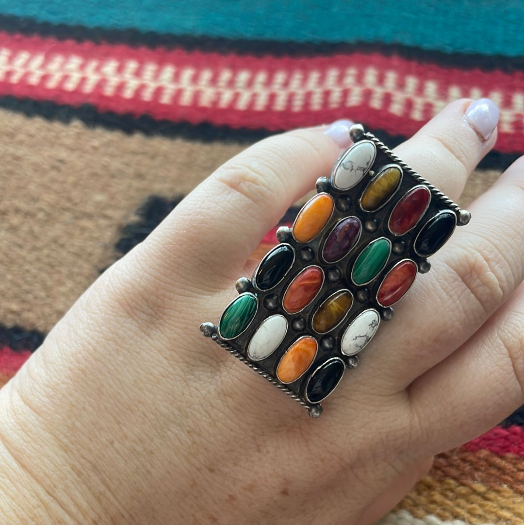 Navajo Sterling Silver Multi Stone Cluster Ring Size 9 Signed Jacquline Silver