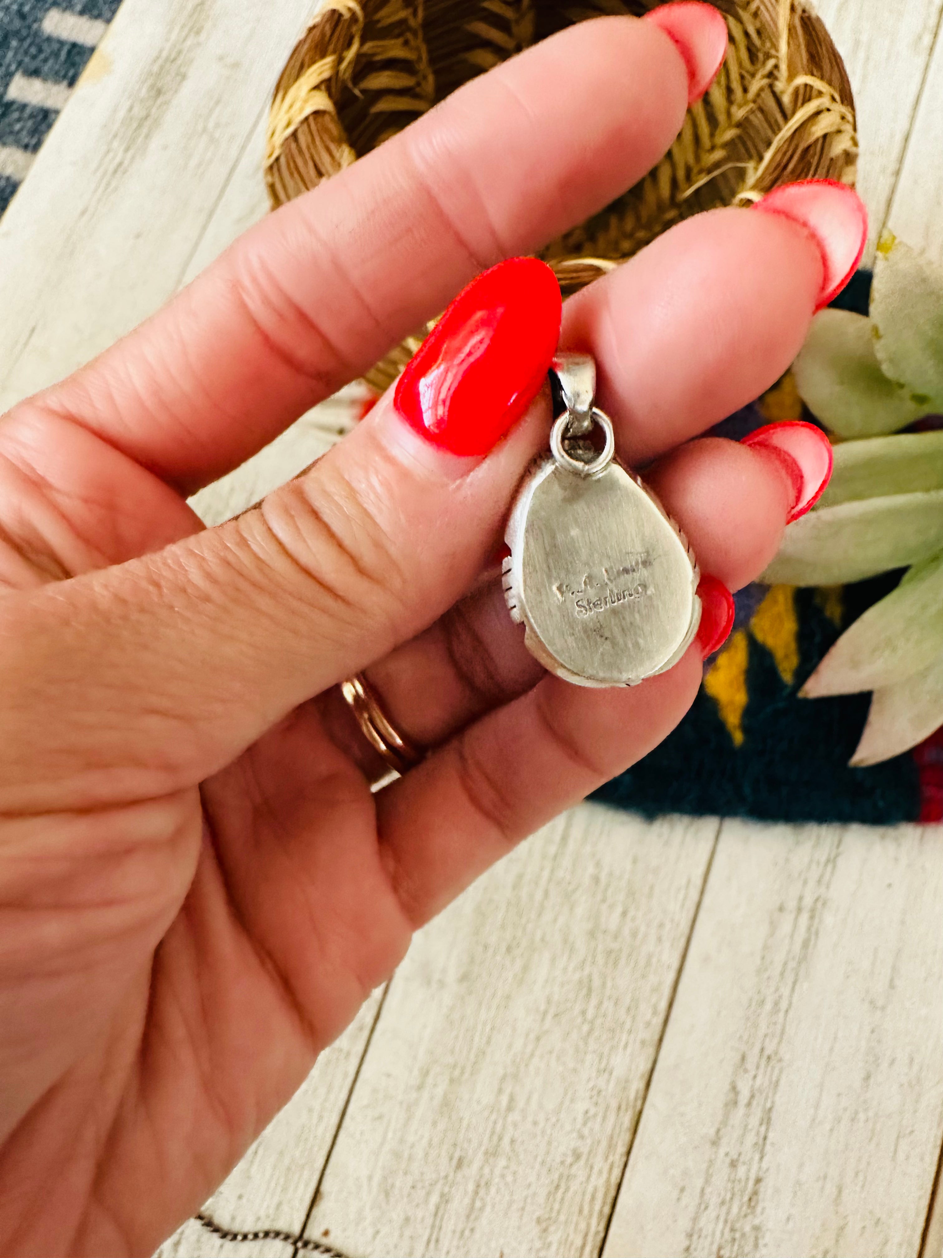 Navajo Queen Pink Conch Shell & Sterling Silver Shadowbox Teardrop Pendant