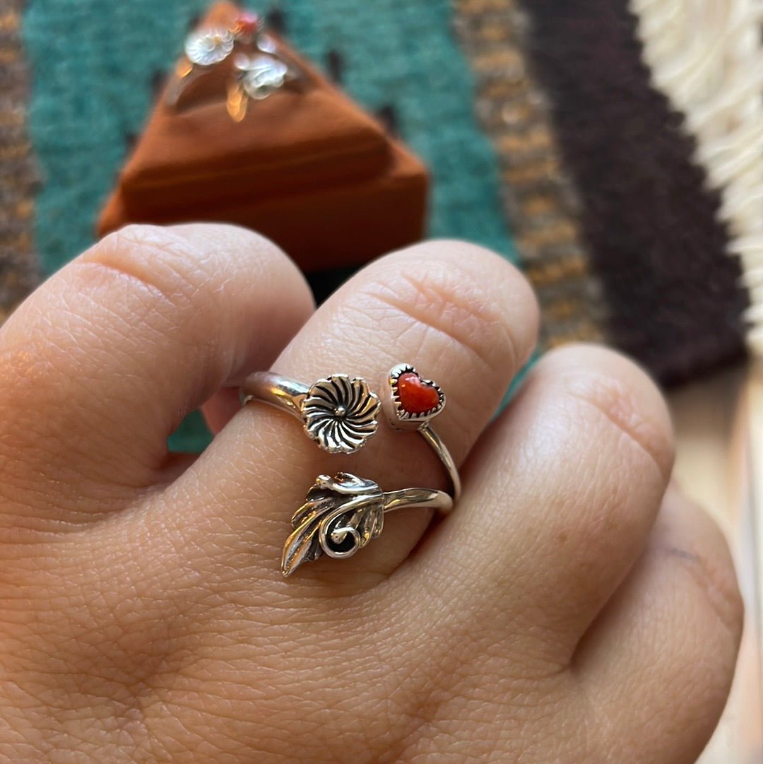 Navajo Coral And Sterling Silver Adjustable Flower Heart Ring